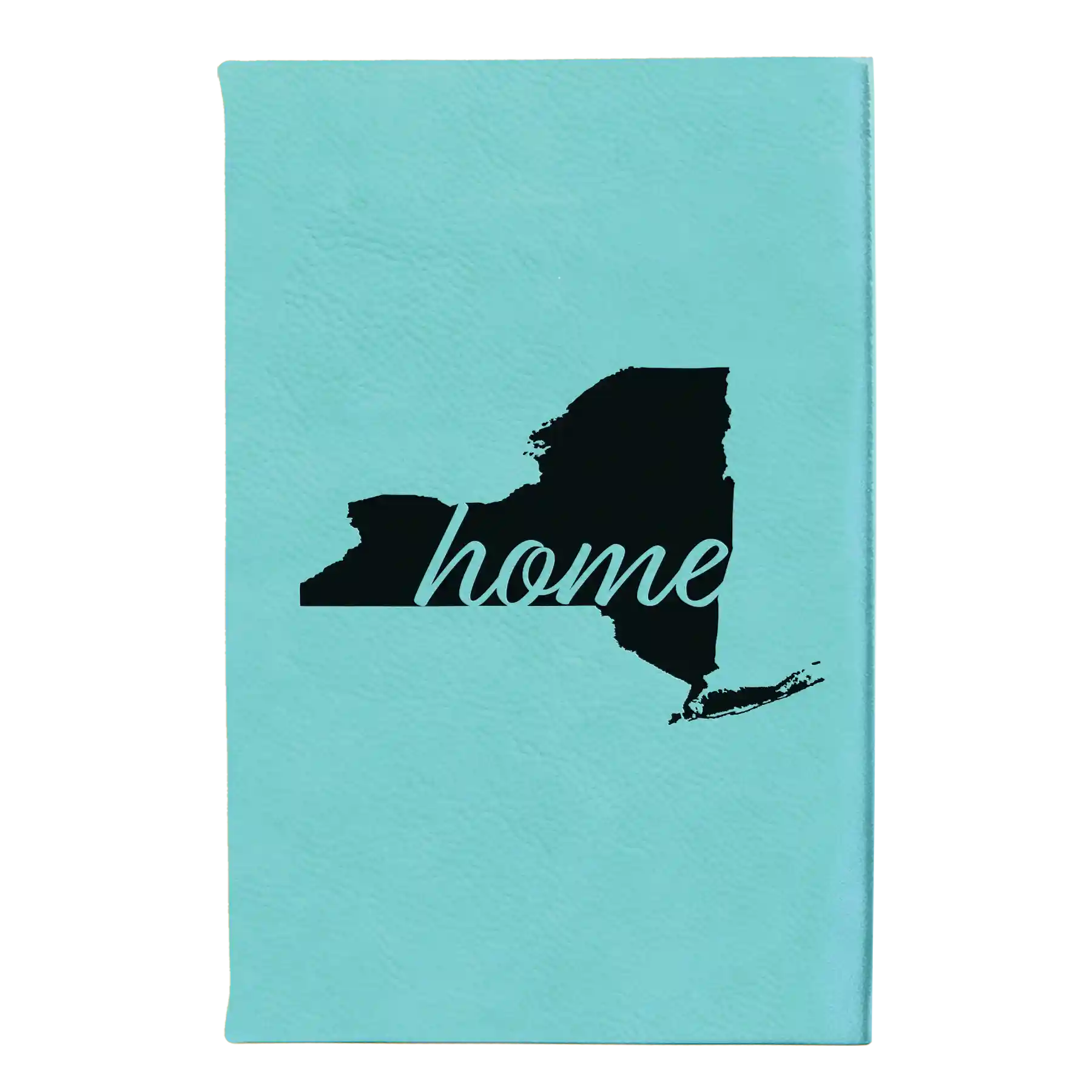 Small teal leatherette sketch book laser etched with 'New York Home' design