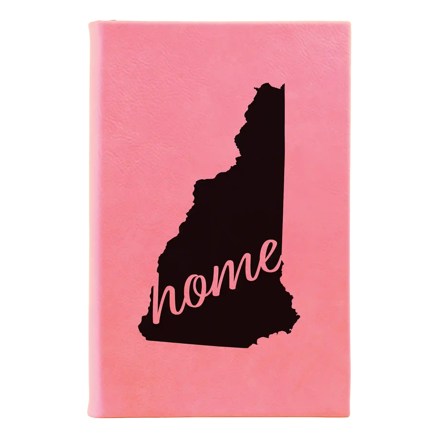 Small pink leatherette sketch book laser etched with 'New Hampshire Home' design