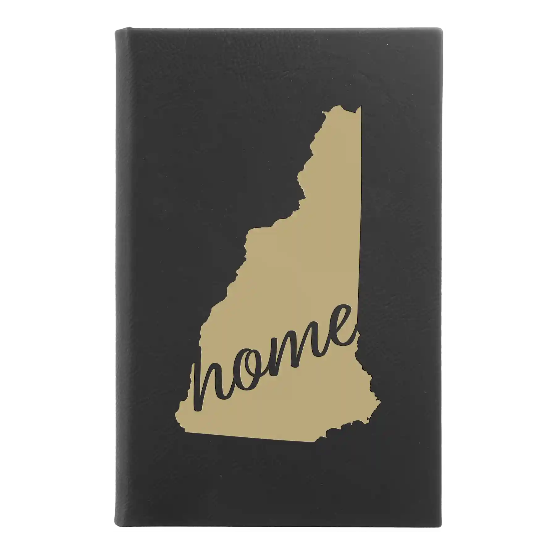 Small black/gold leatherette sketch book laser etched with 'New Hampshire Home' design
