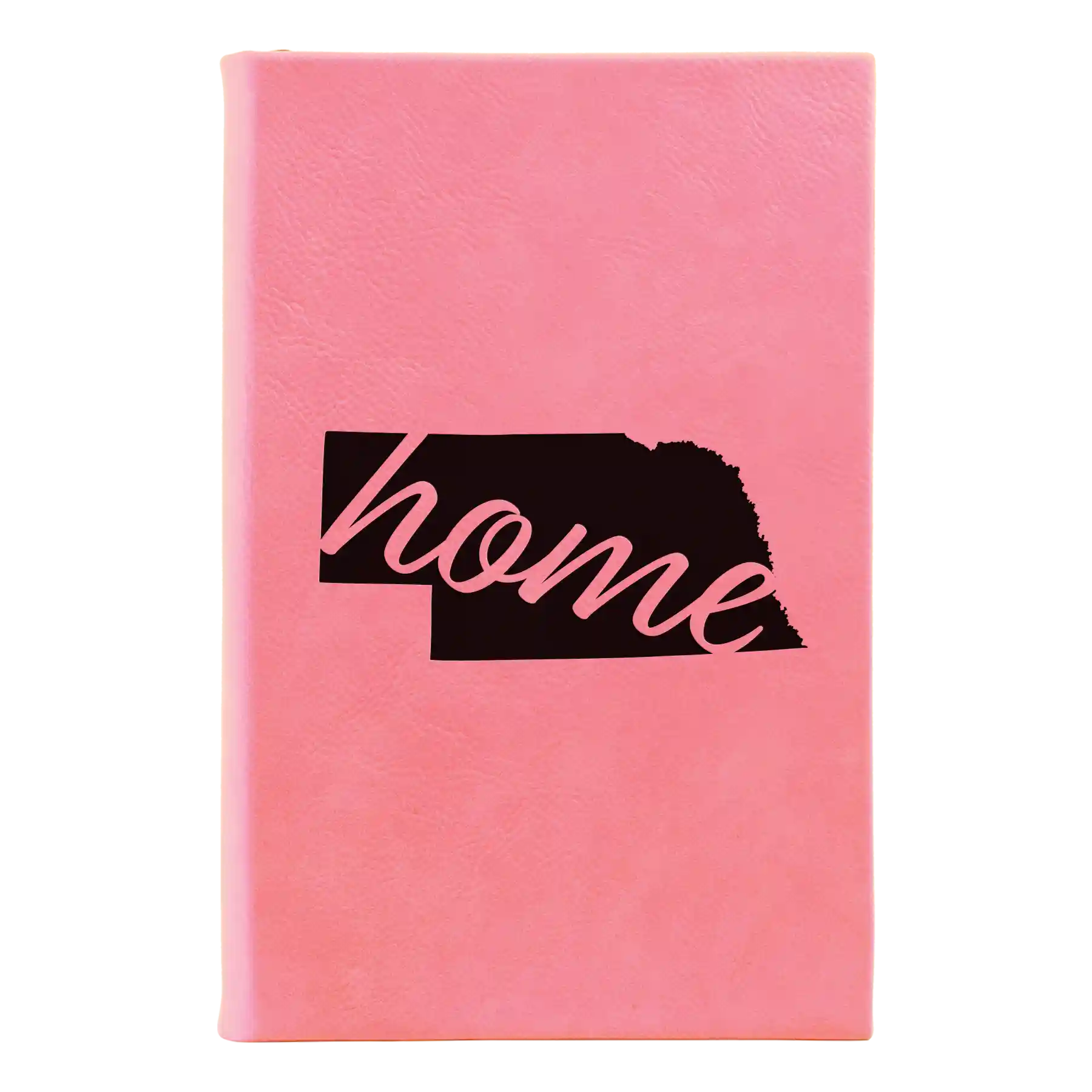 Small pink leatherette sketch book laser etched with 'Nebraska Home' design