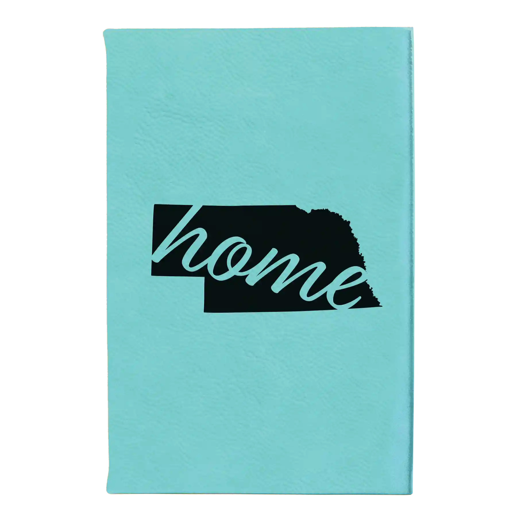 Small teal leatherette sketch book laser etched with 'Nebraska Home' design