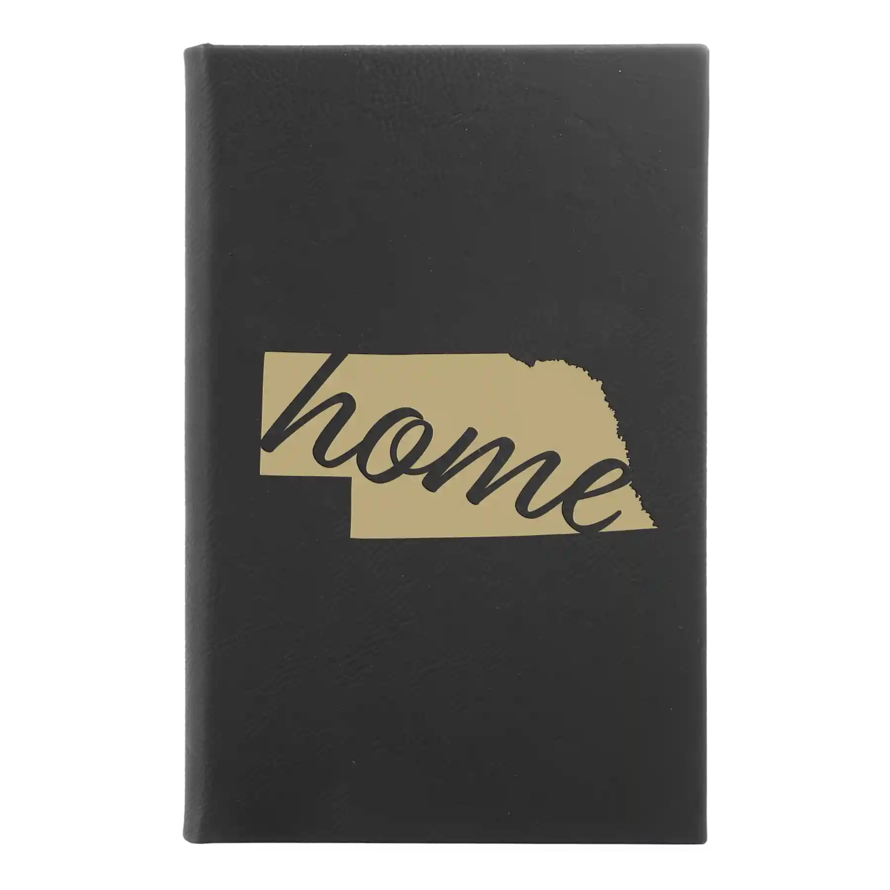 Small black/gold leatherette sketch book laser etched with 'Nebraska Home' design
