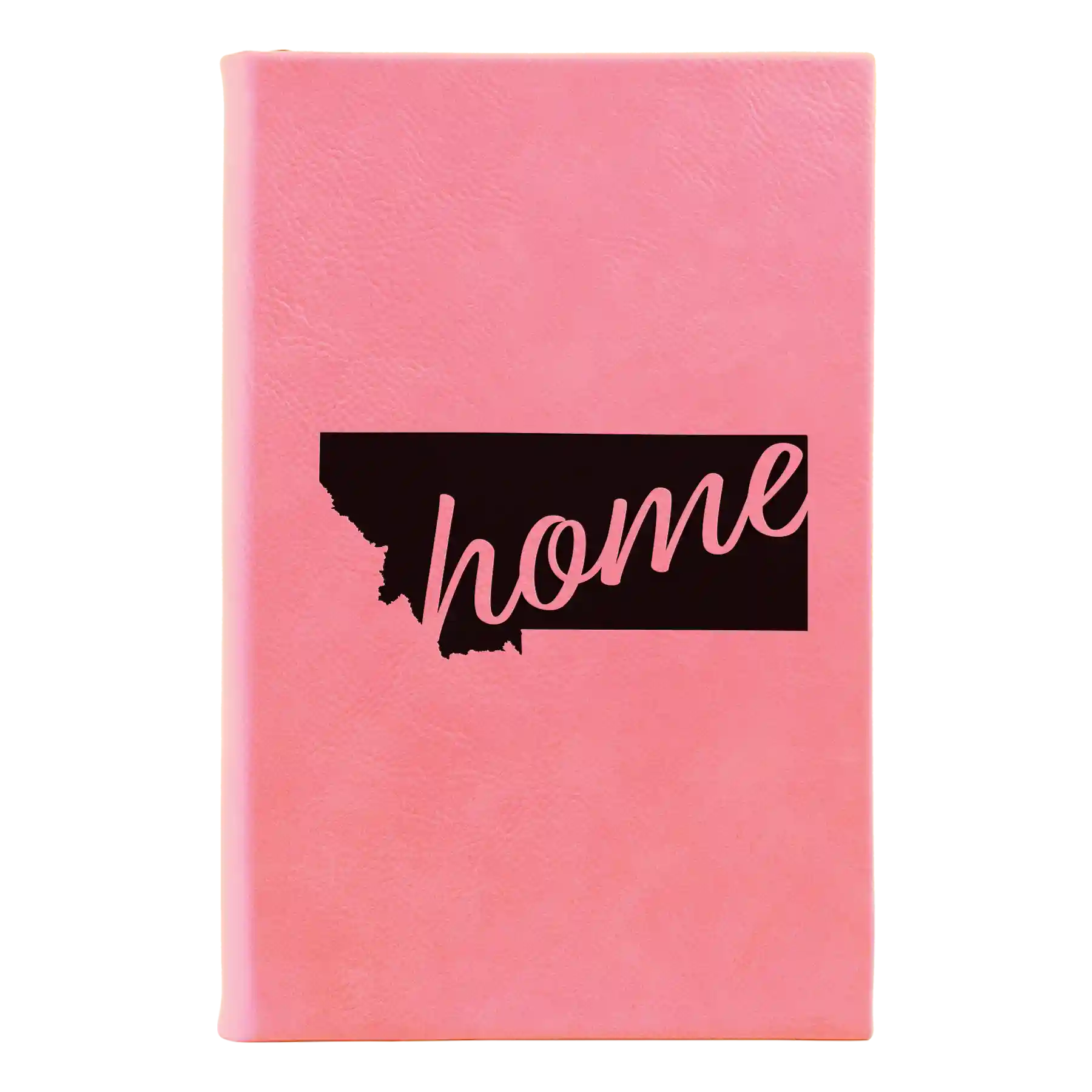 Small pink leatherette sketch book laser etched with 'Montana Home' design