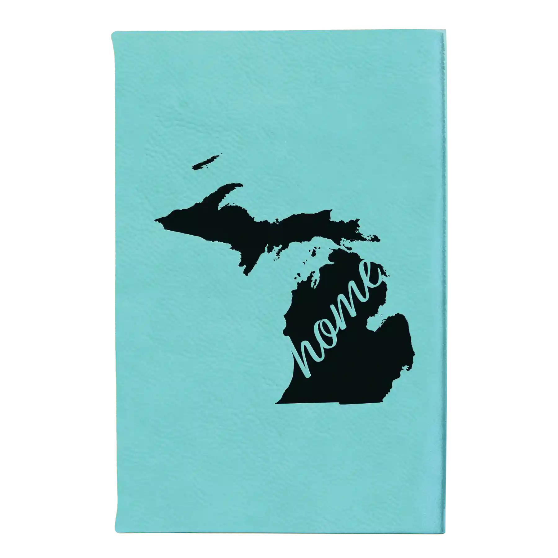 Small teal leatherette sketch book laser etched with 'Michigan Home' design