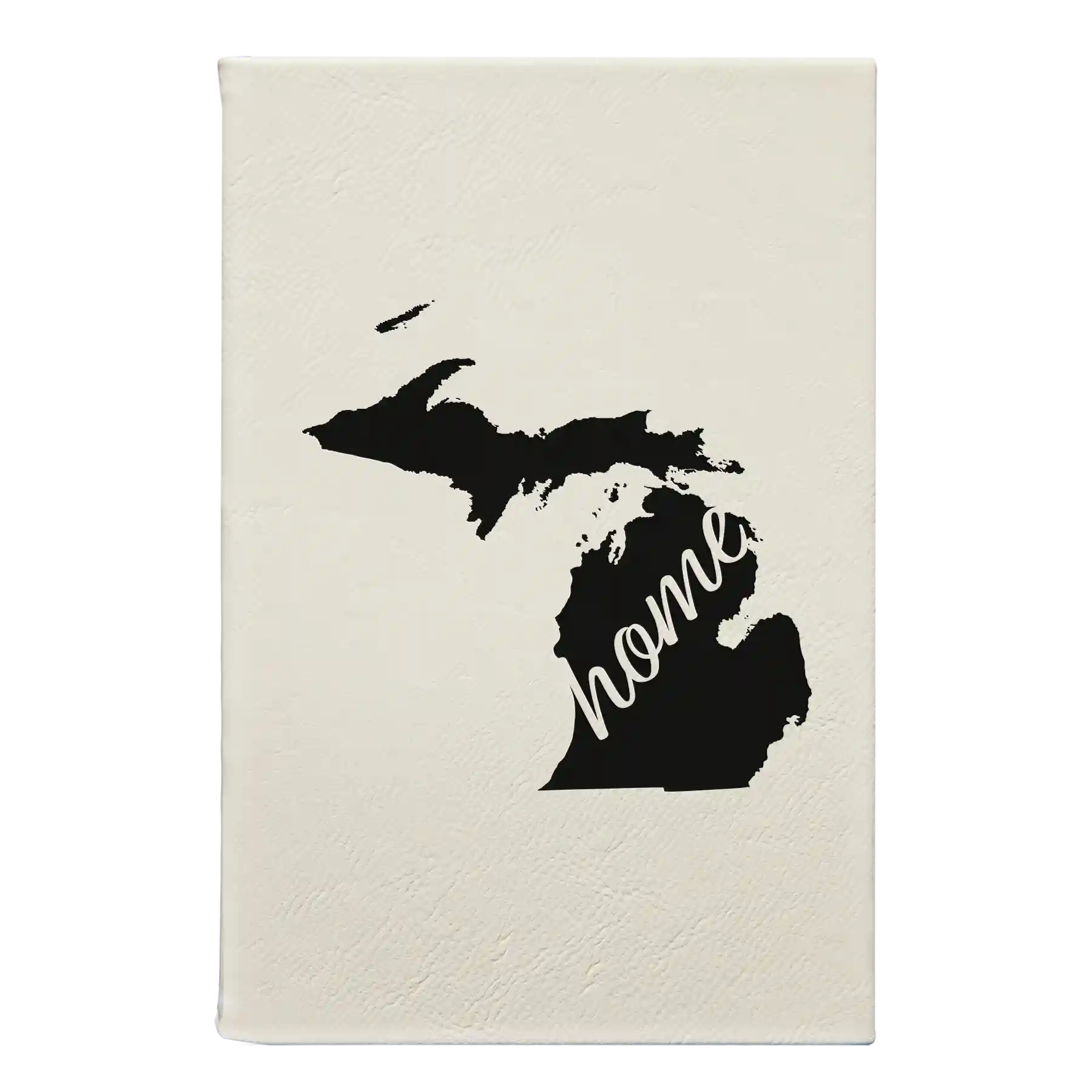 Small white leatherette sketch book laser etched with 'Michigan Home' design