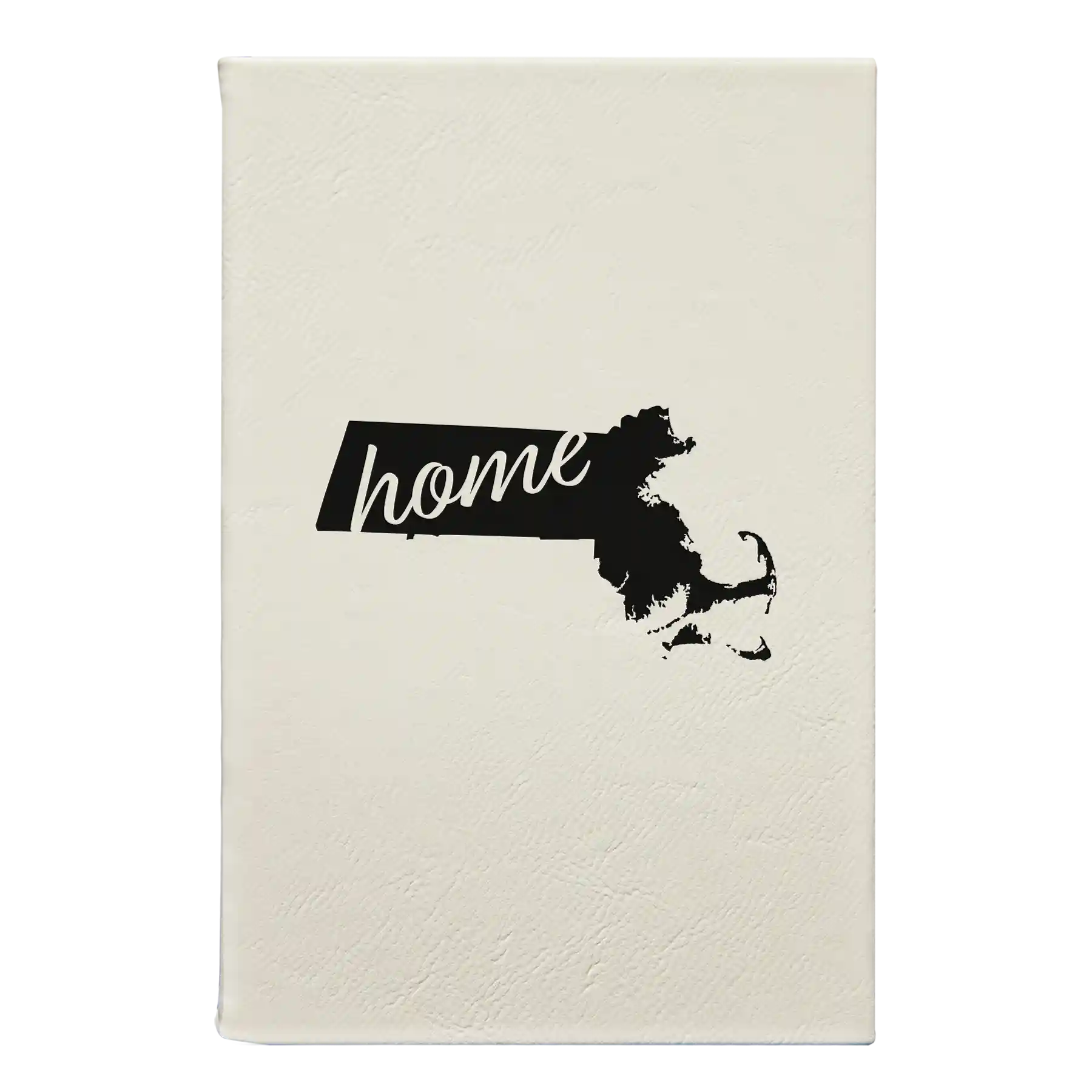 Small white leatherette journal laser etched with 'Massachusetts Home' design