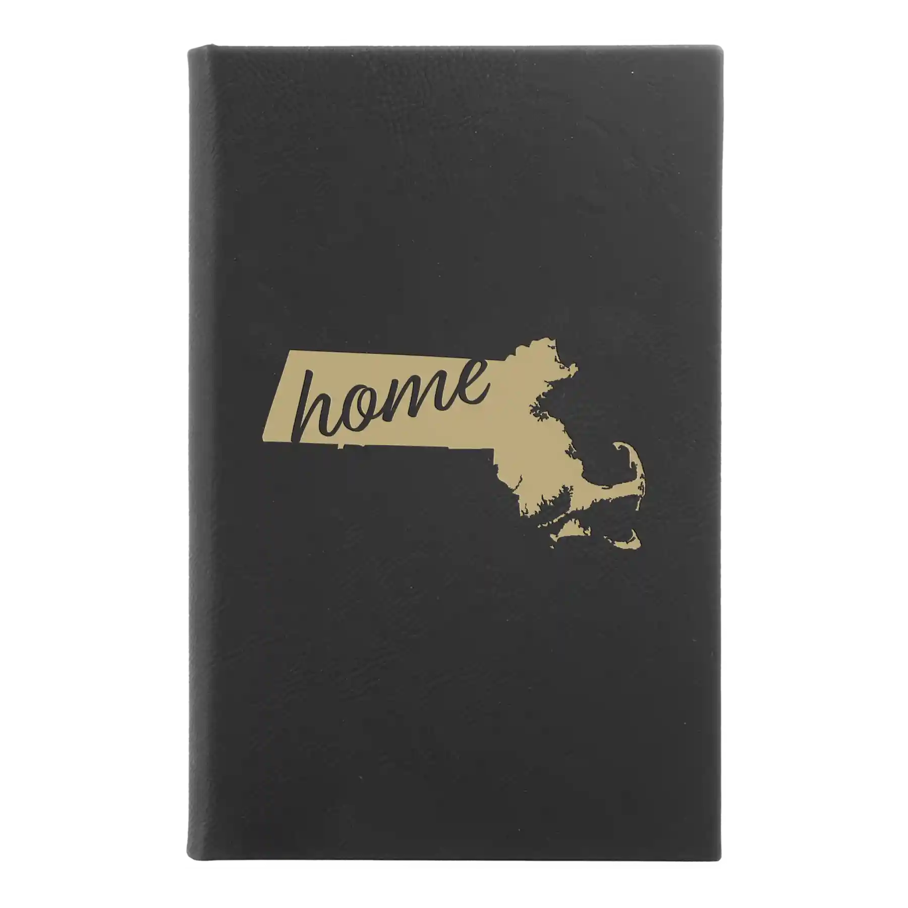 Small black/gold leatherette sketch book laser etched with 'Massachusetts Home' design