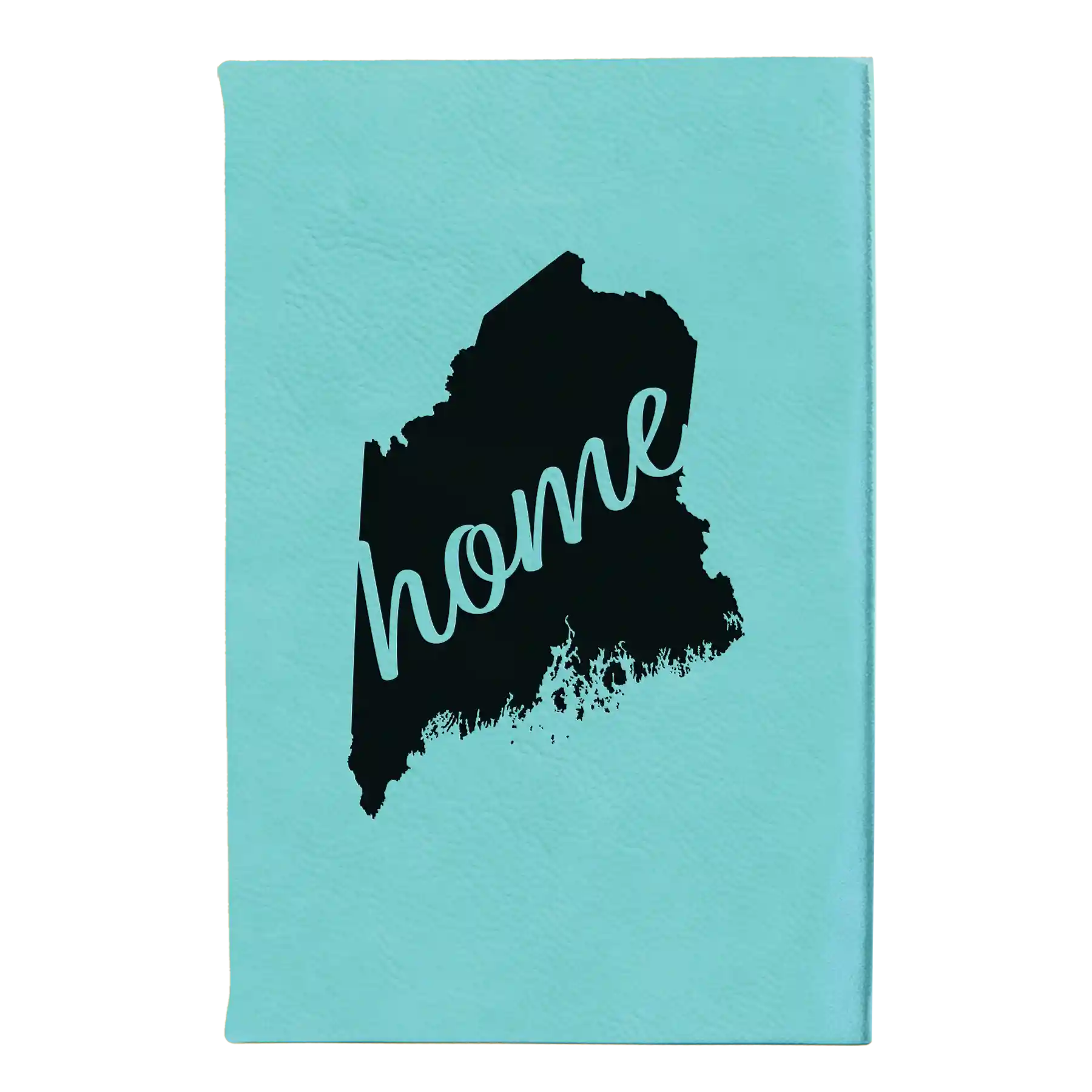 Small teal leatherette sketch book laser etched with 'Maine Home' design