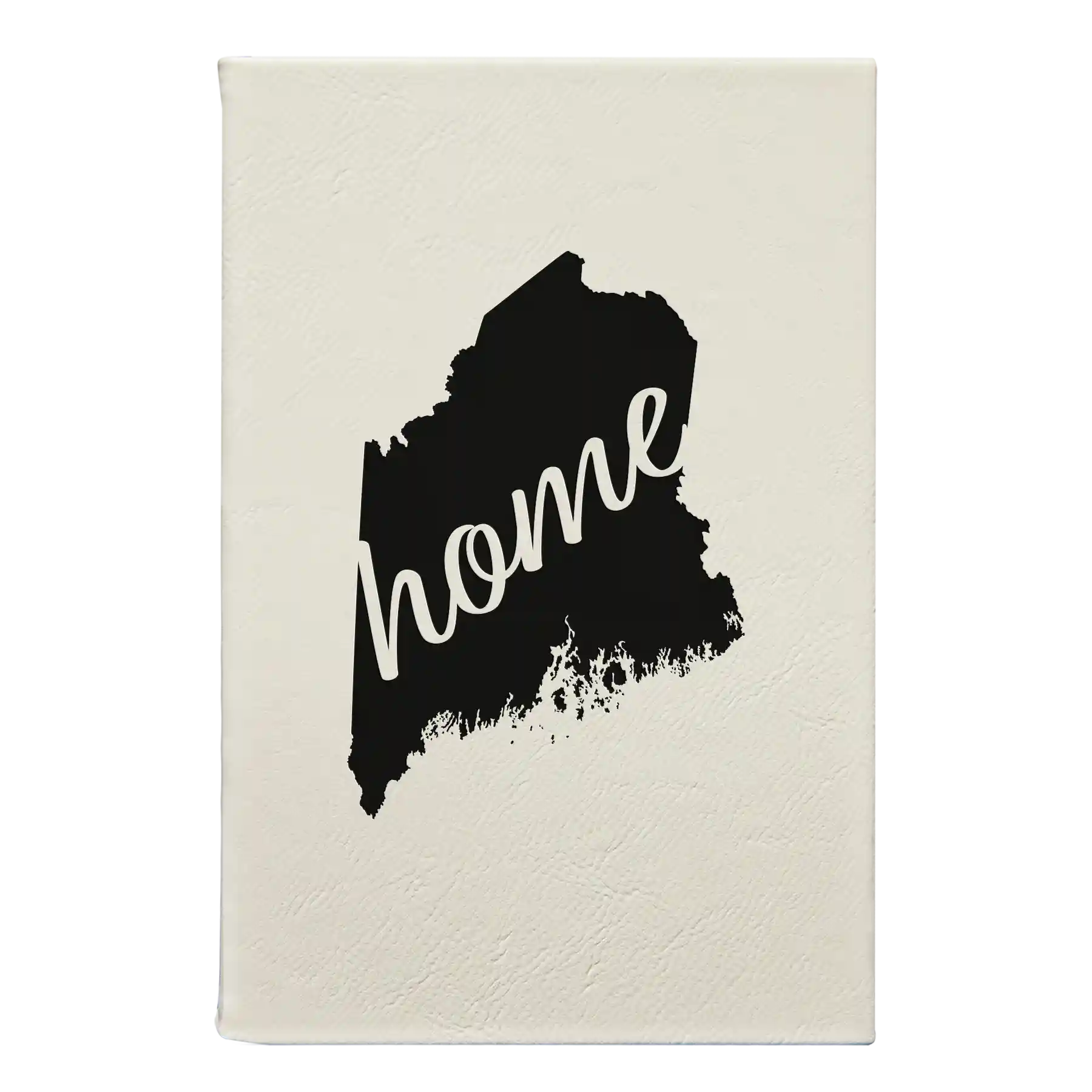 Small white leatherette sketch book laser etched with 'Maine Home' design