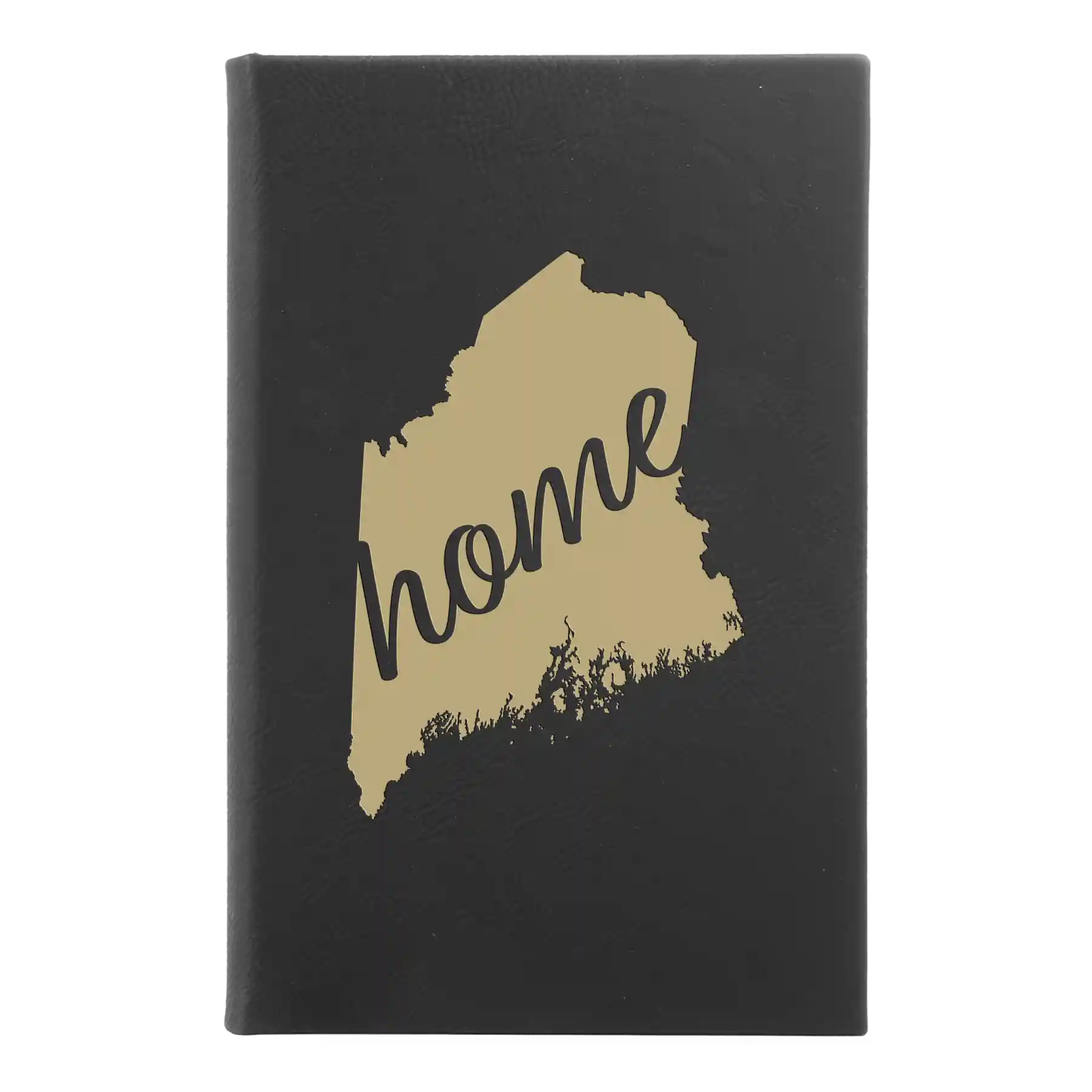 Small black/gold leatherette journal laser etched with 'Maine Home' design