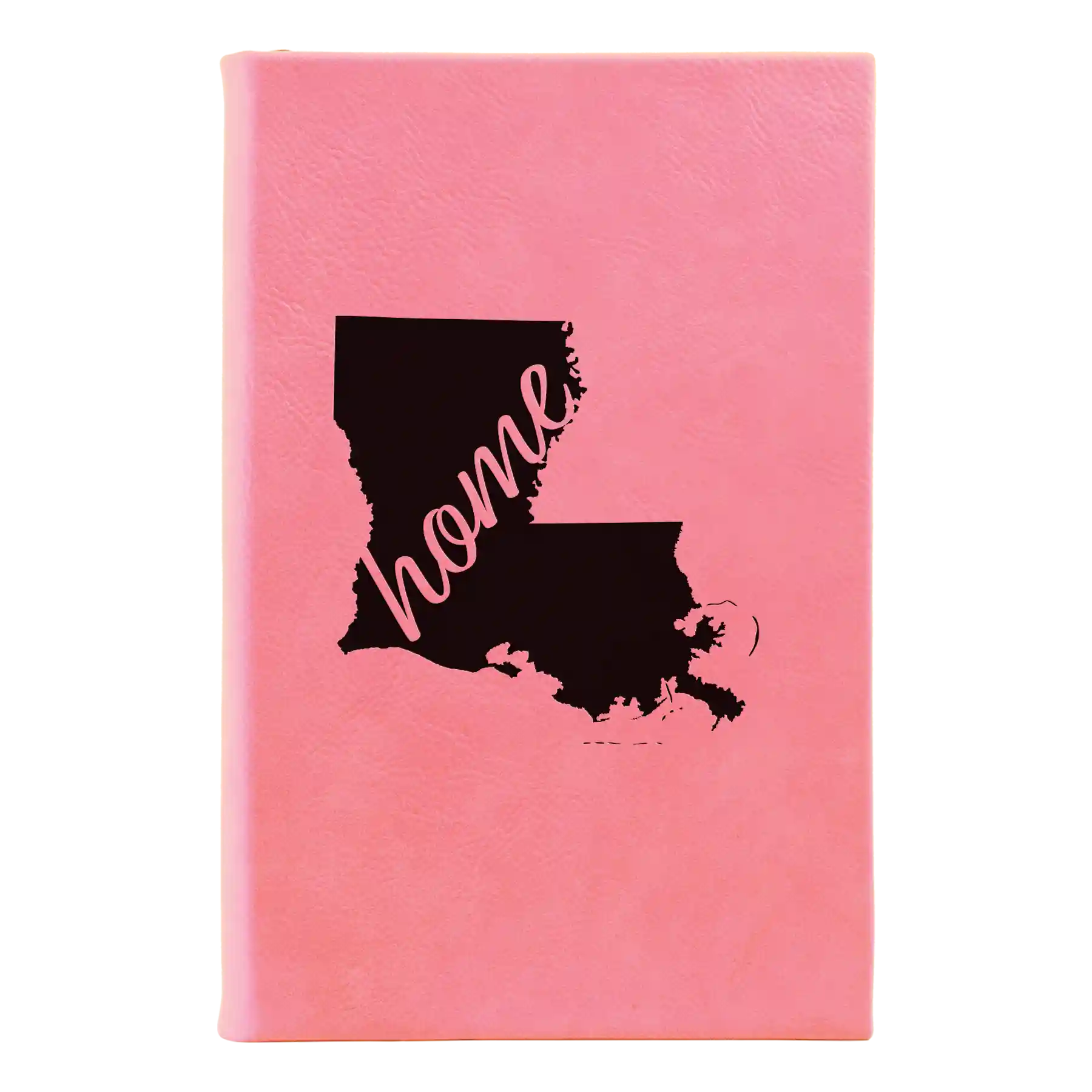 Small pink leatherette sketch book laser etched with 'Louisiana Home' design