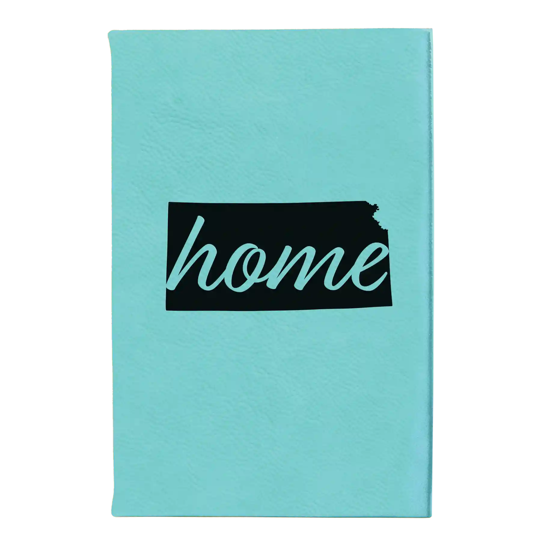 Small teal leatherette sketch book laser etched with 'Kansas Home' design