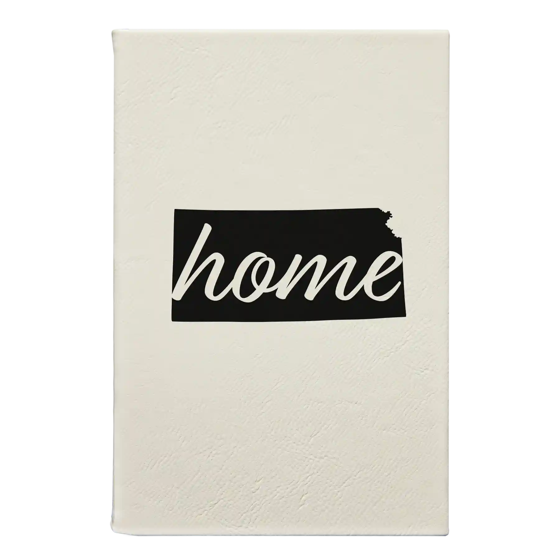 Small white leatherette sketch book laser etched with 'Kansas Home' design