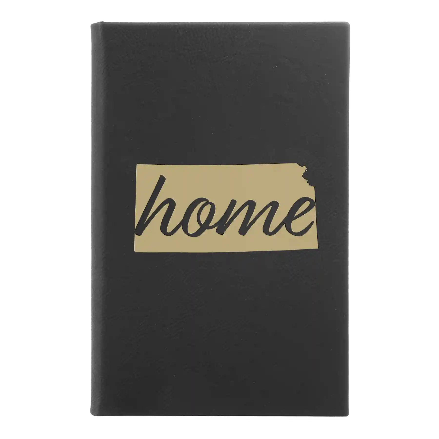 Small black/gold leatherette sketch book laser etched with 'Kansas Home' design