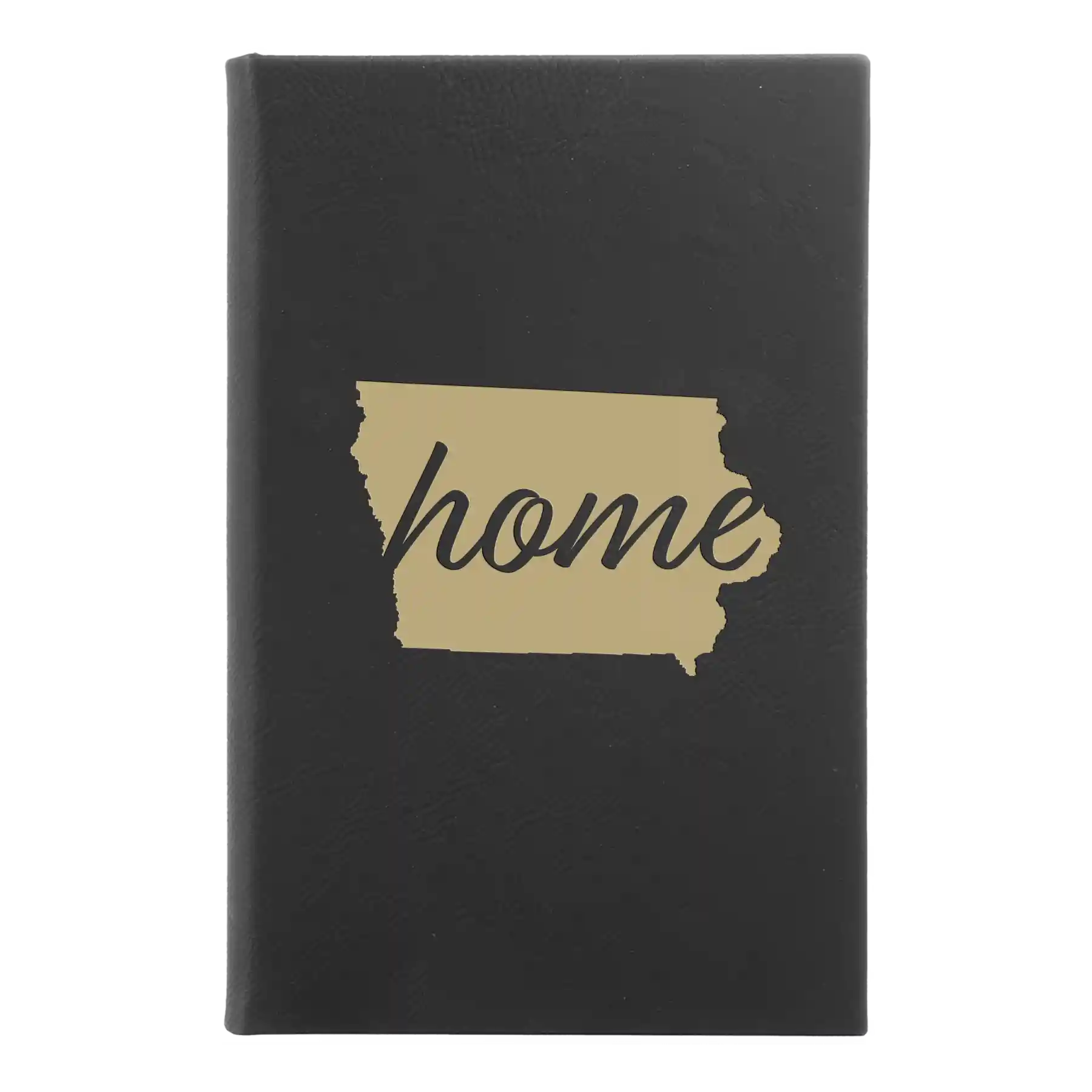 Small black/gold leatherette sketch book laser etched with 'Iowa Home' design