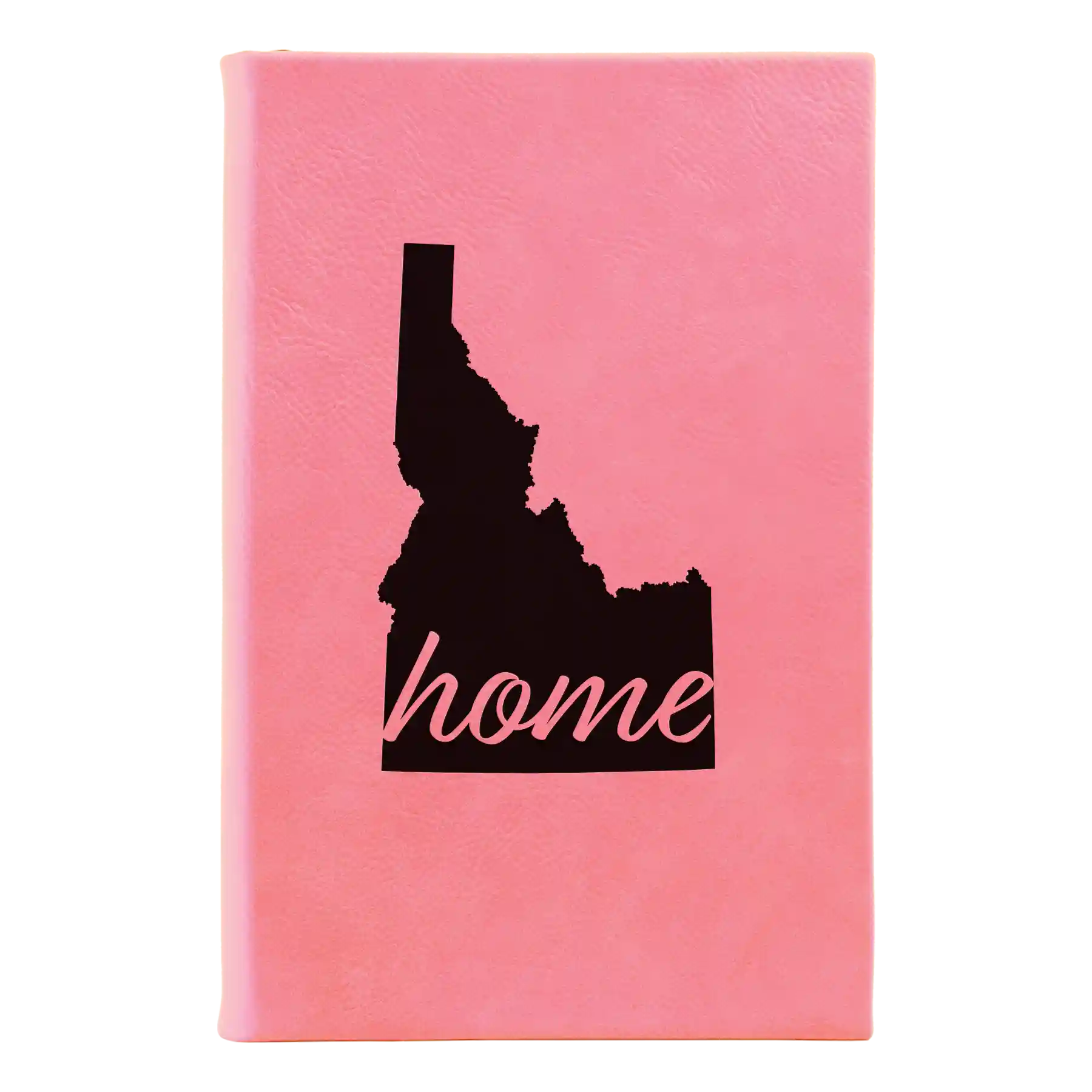 Small pink leatherette sketch book laser etched with 'Idaho Home' design