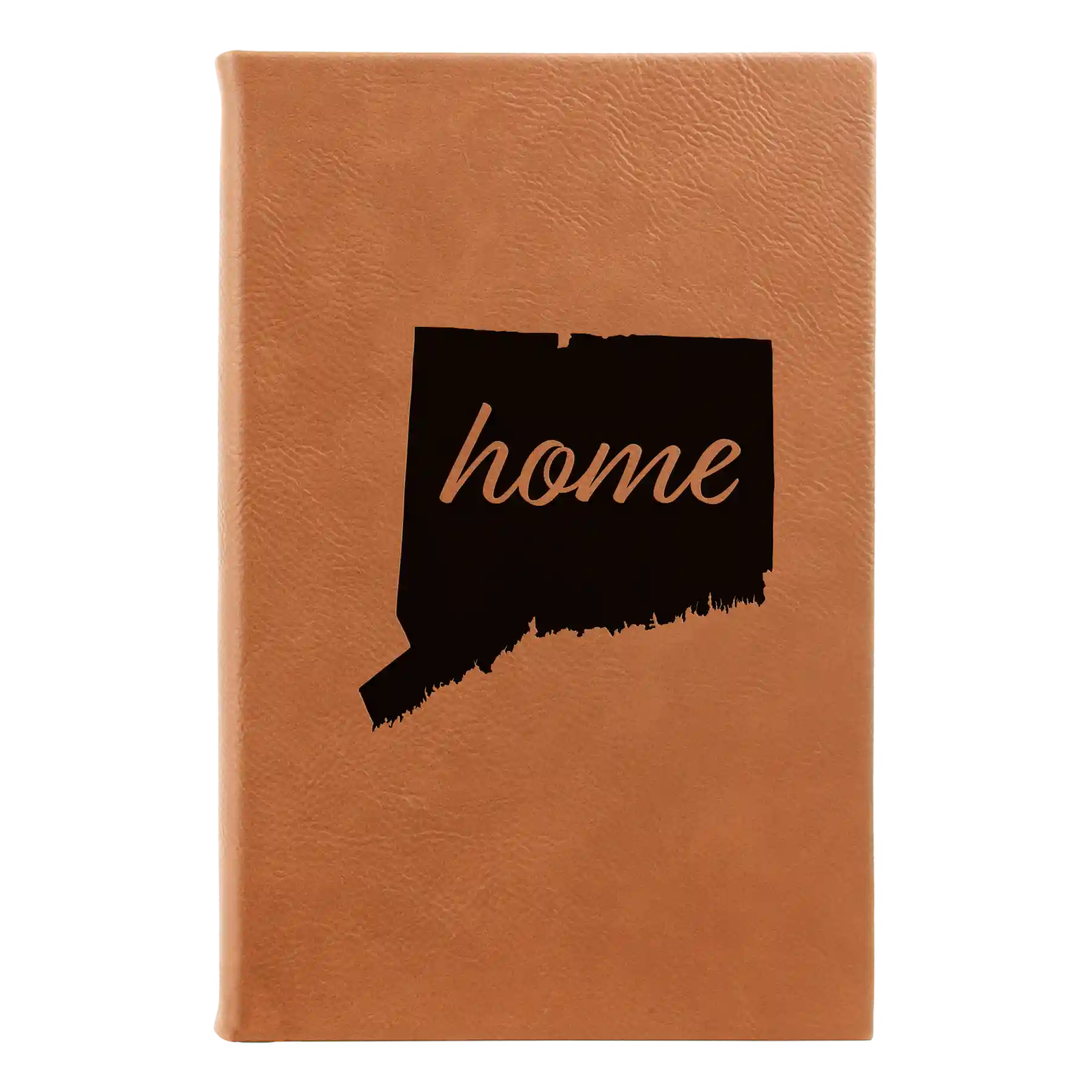 Small rawhide leatherette sketch book laser etched with 'Connecticut Home' design