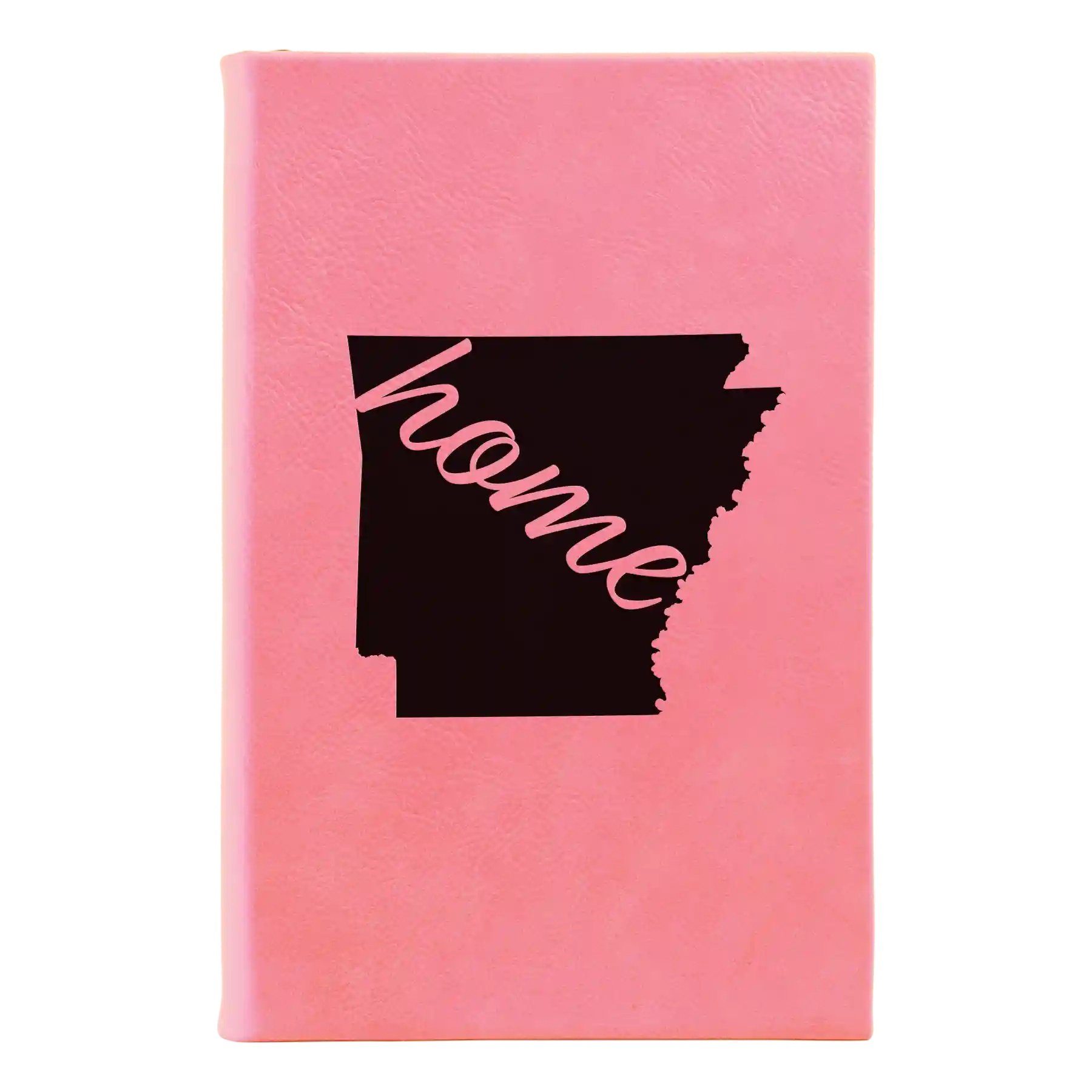 Small pink leatherette sketch book laser etched with 'Arkansas Home' design
