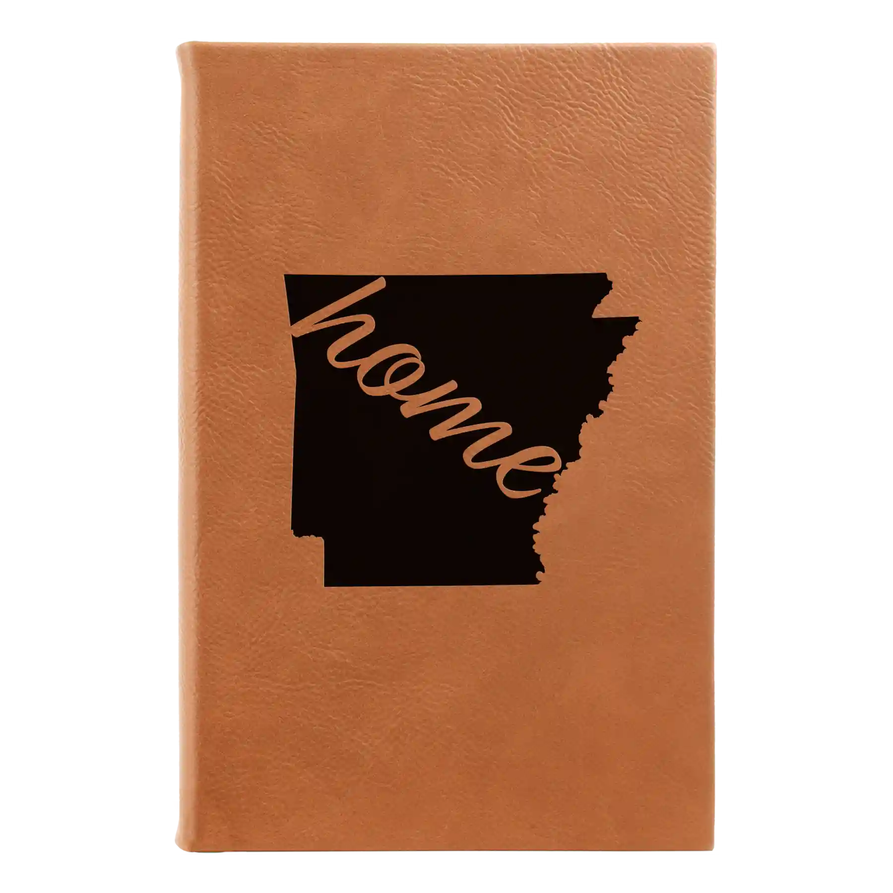 Small rawhide leatherette sketch book laser etched with 'Arkansas Home' design