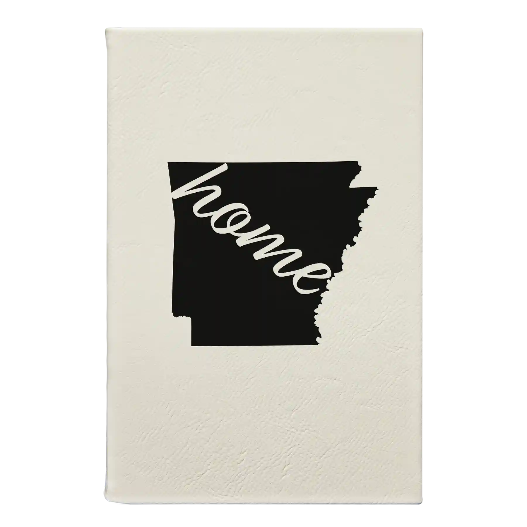 Small white leatherette sketch book laser etched with 'Arkansas Home' design
