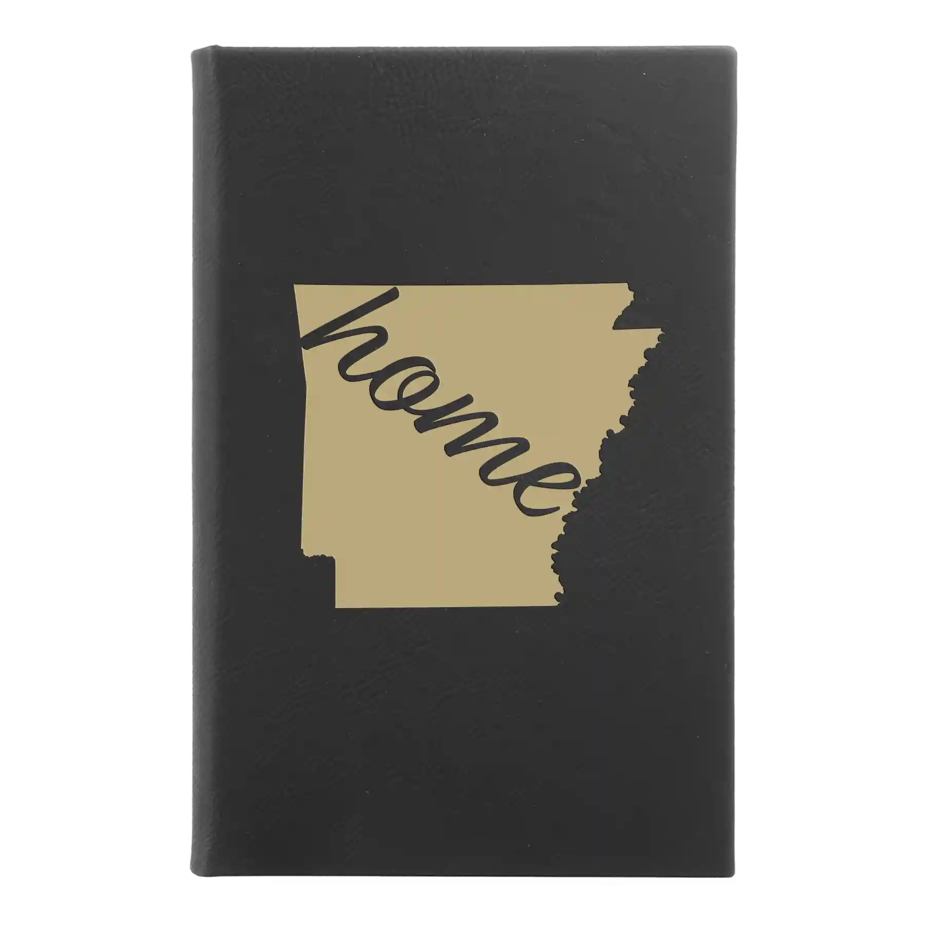 Small black/gold leatherette sketch book laser etched with 'Arkansas Home' design