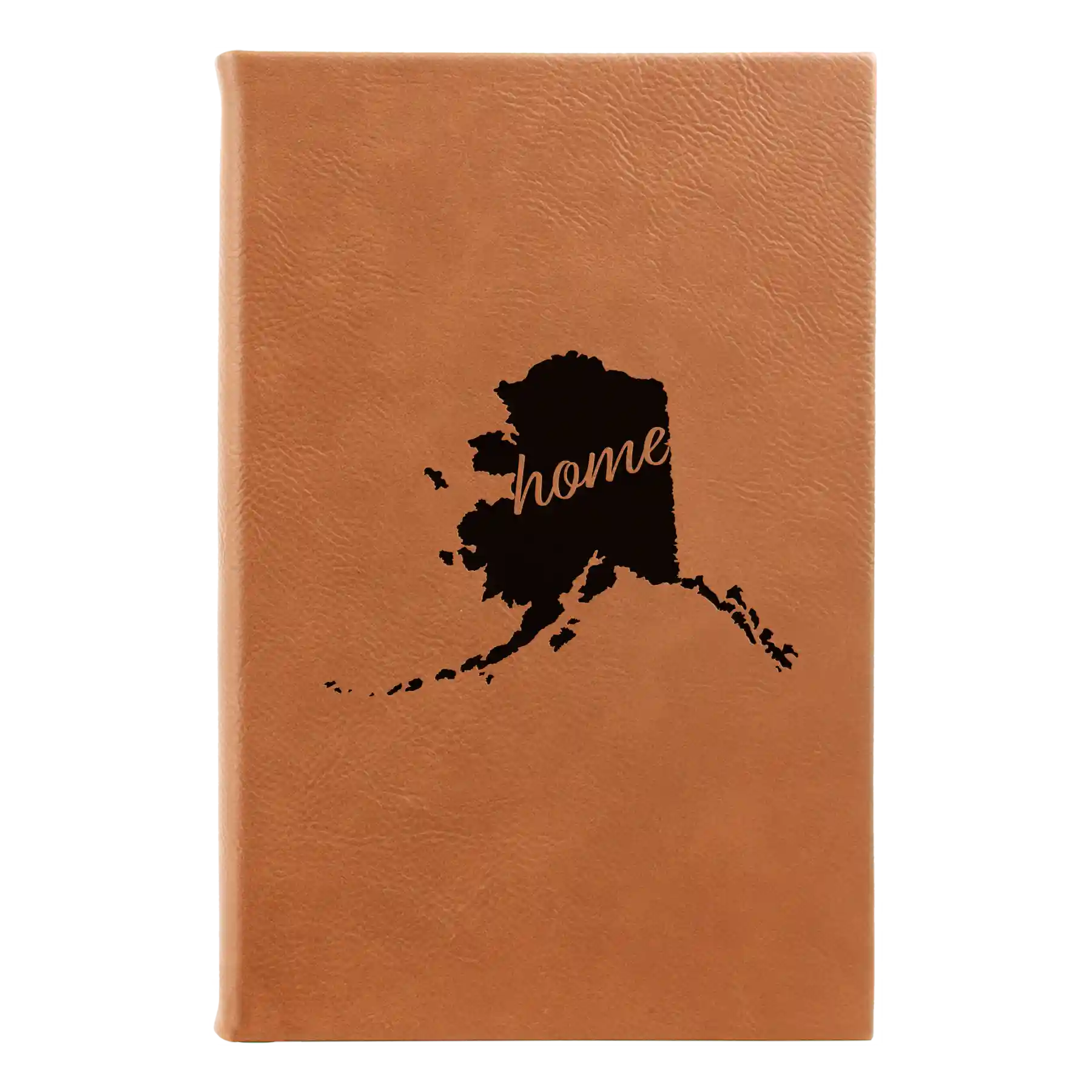 Small rawhide leatherette sketch book laser etched with 'Alaska Home' design