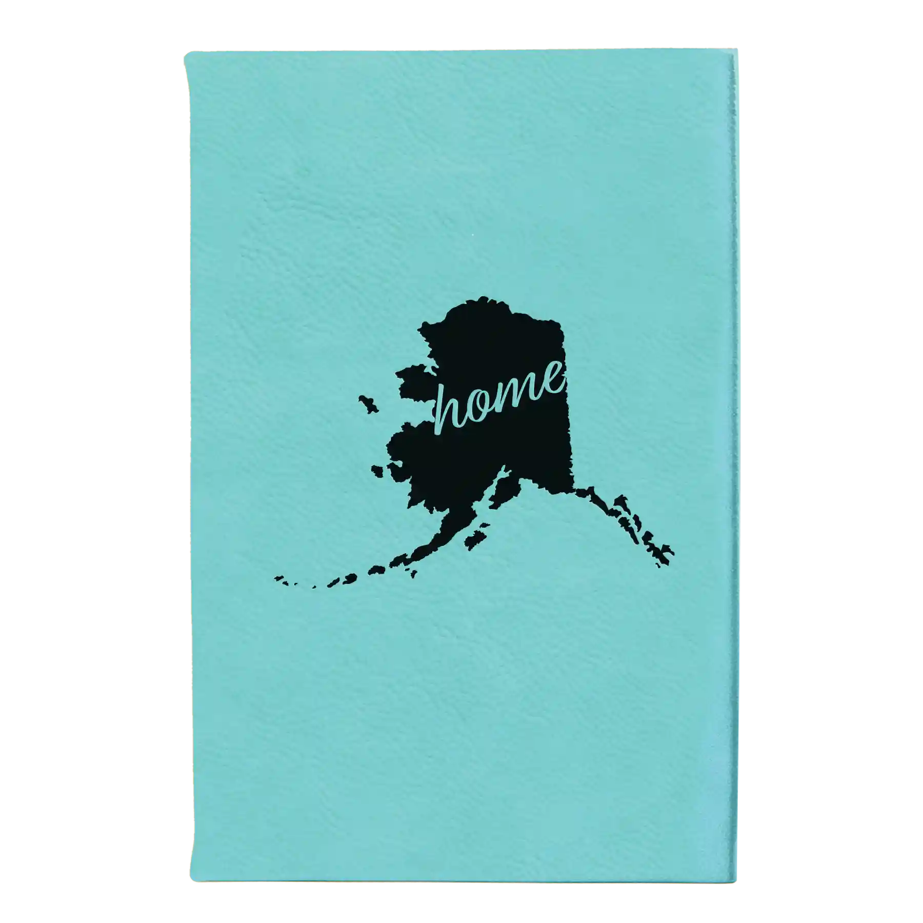 Small teal leatherette sketch book laser etched with 'Alaska Home' design