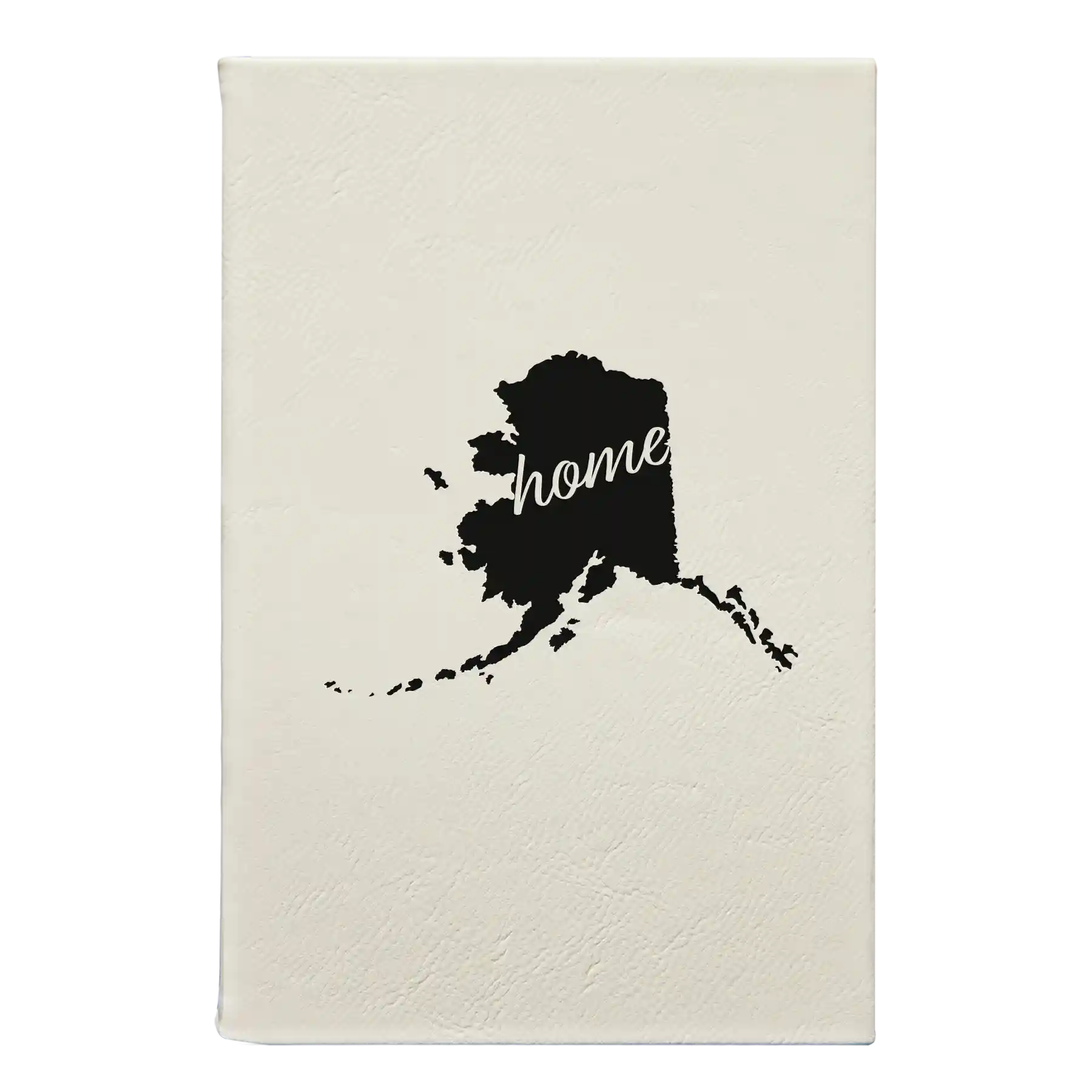 Small white leatherette sketch book laser etched with 'Alaska Home' design