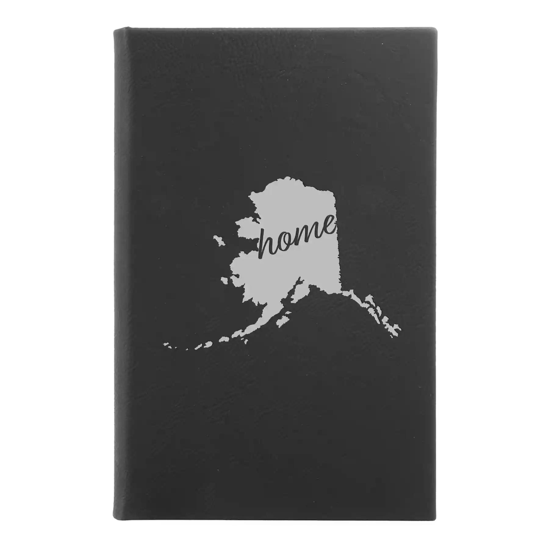 Small black/silver leatherette sketch book laser etched with 'Alaska Home' design