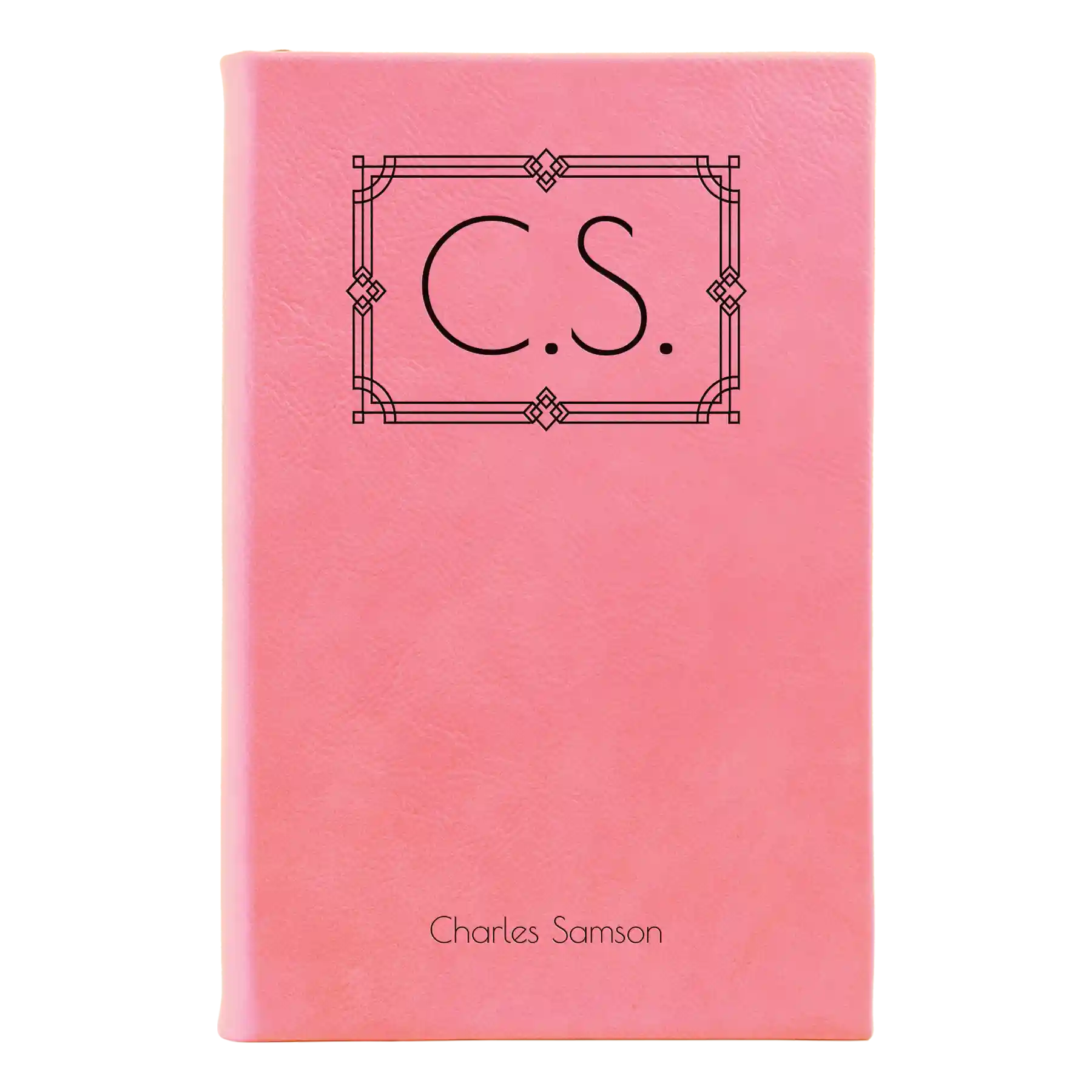 Small pink leatherette journal laser etched with 'Art Deco Initials' design