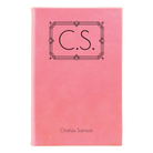 Small pink leatherette sketch book laser etched with 'Art Deco Initials' design