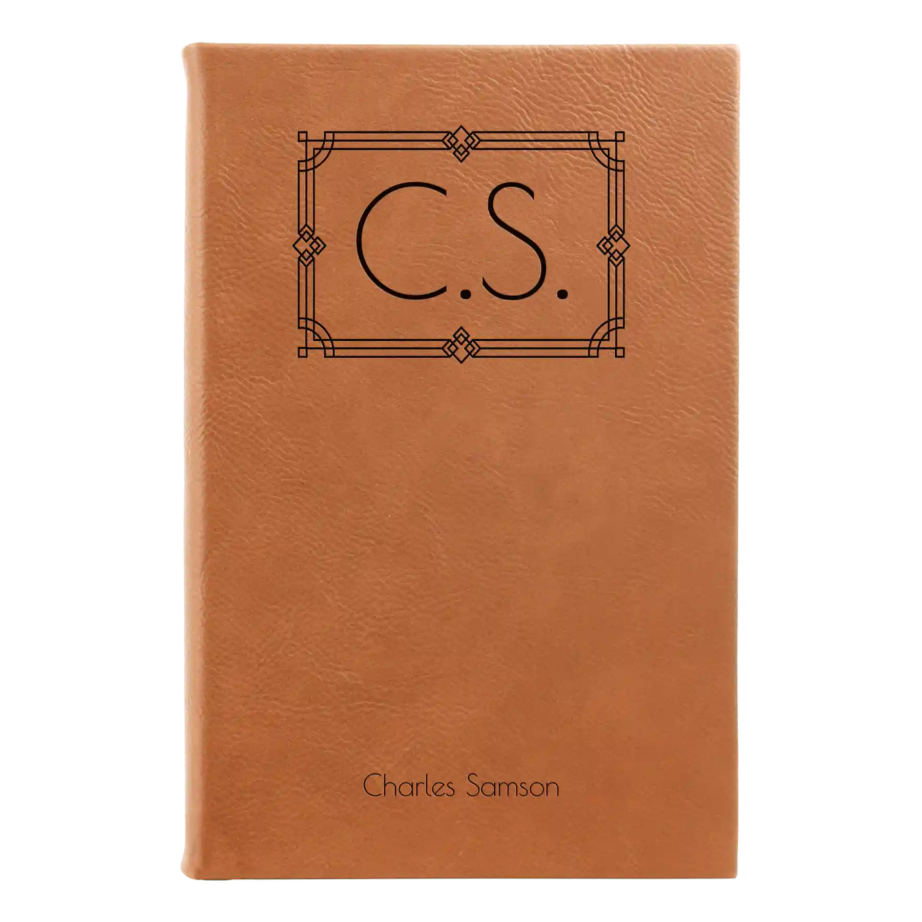 Small rawhide leatherette sketch book laser etched with 'Art Deco Initials' design