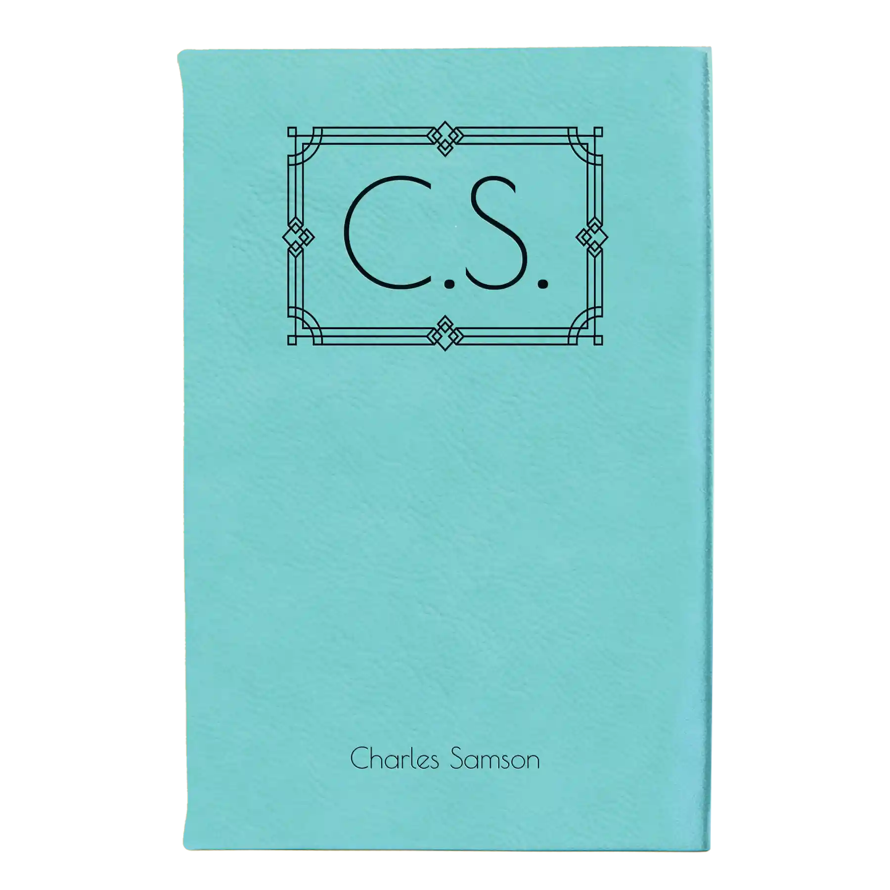 Small teal leatherette journal laser etched with 'Art Deco Initials' design