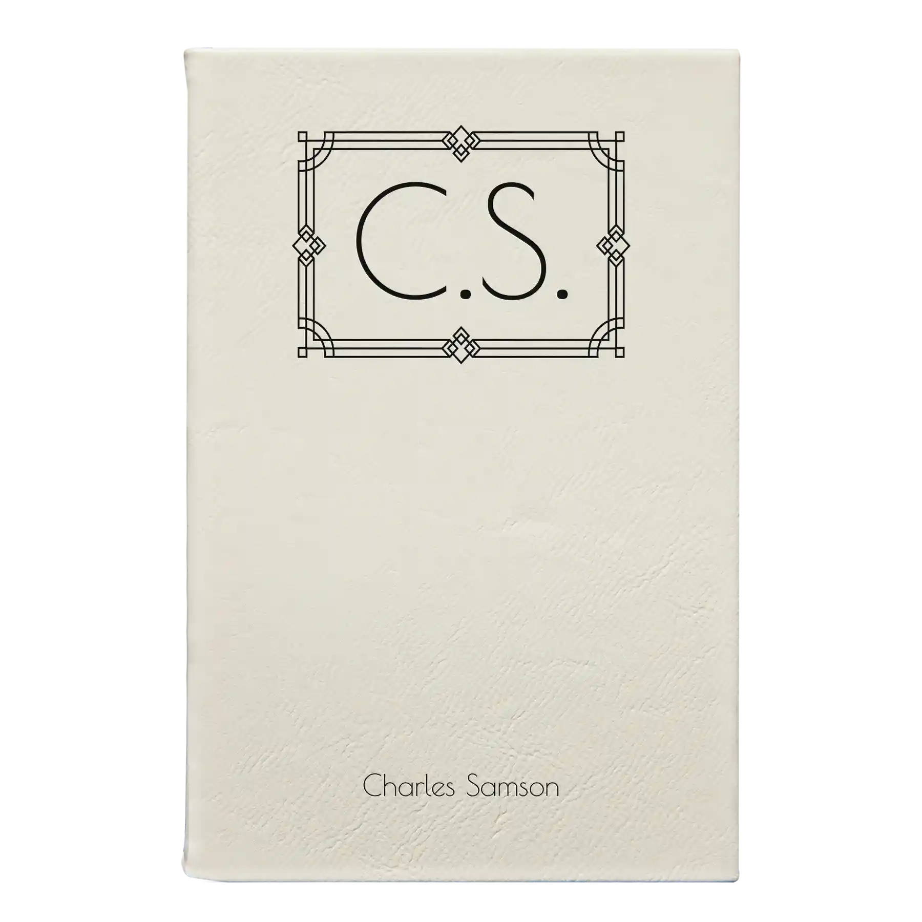 Small white leatherette journal laser etched with 'Art Deco Initials' design