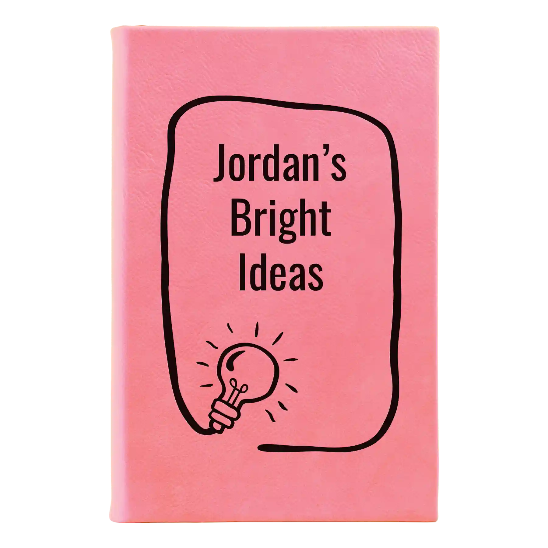 Small pink leatherette journal laser etched with 'Bright Ideas Journal' design