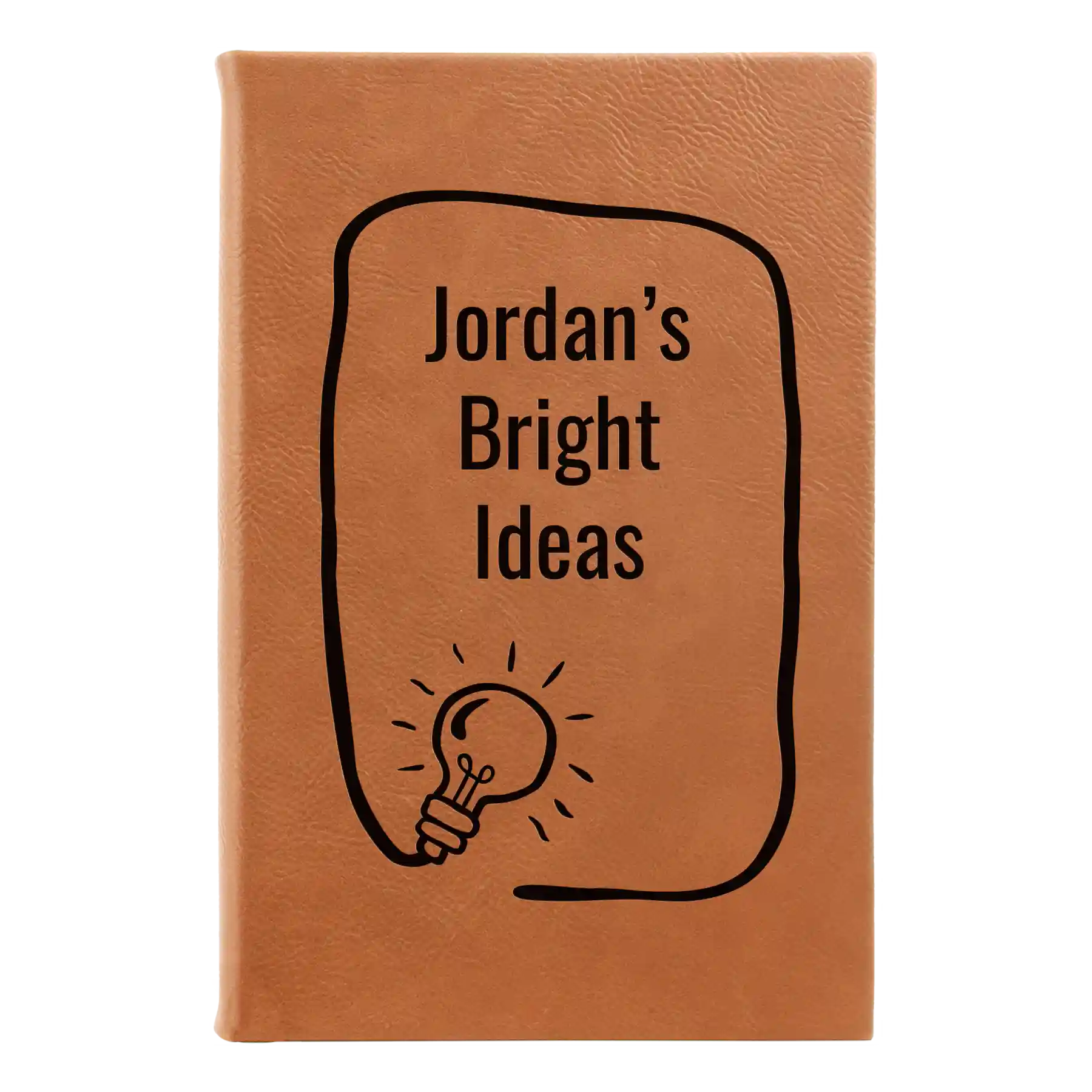 Small rawhide leatherette sketch book laser etched with 'Bright Ideas Journal' design