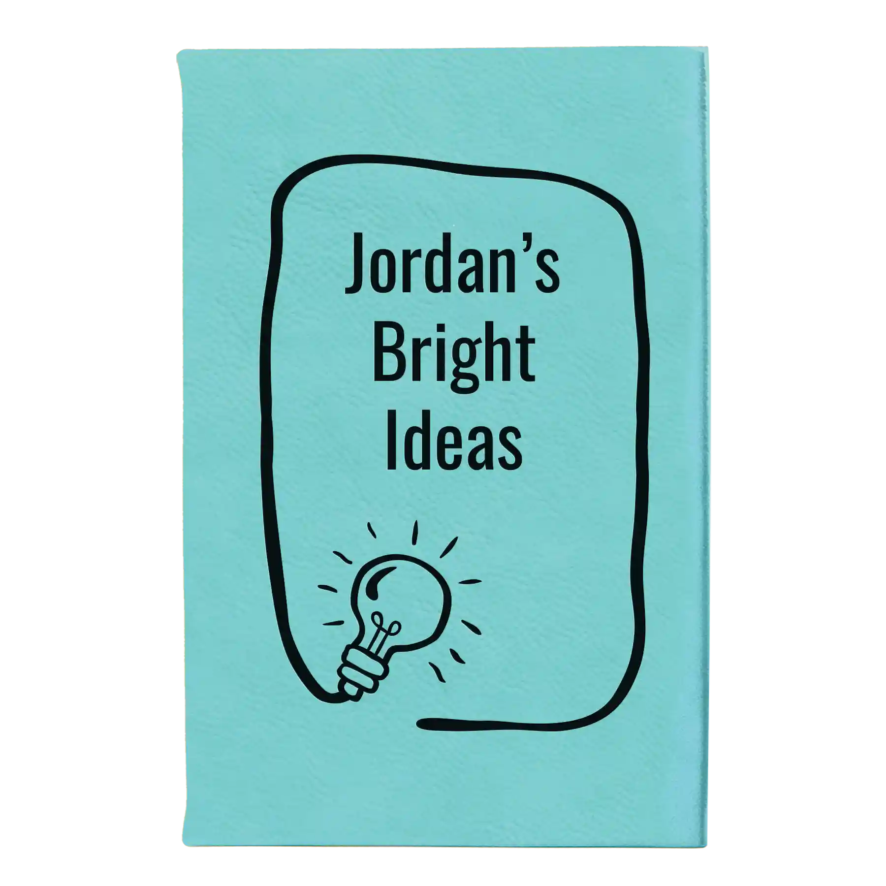 Small teal leatherette sketch book laser etched with 'Bright Ideas Journal' design
