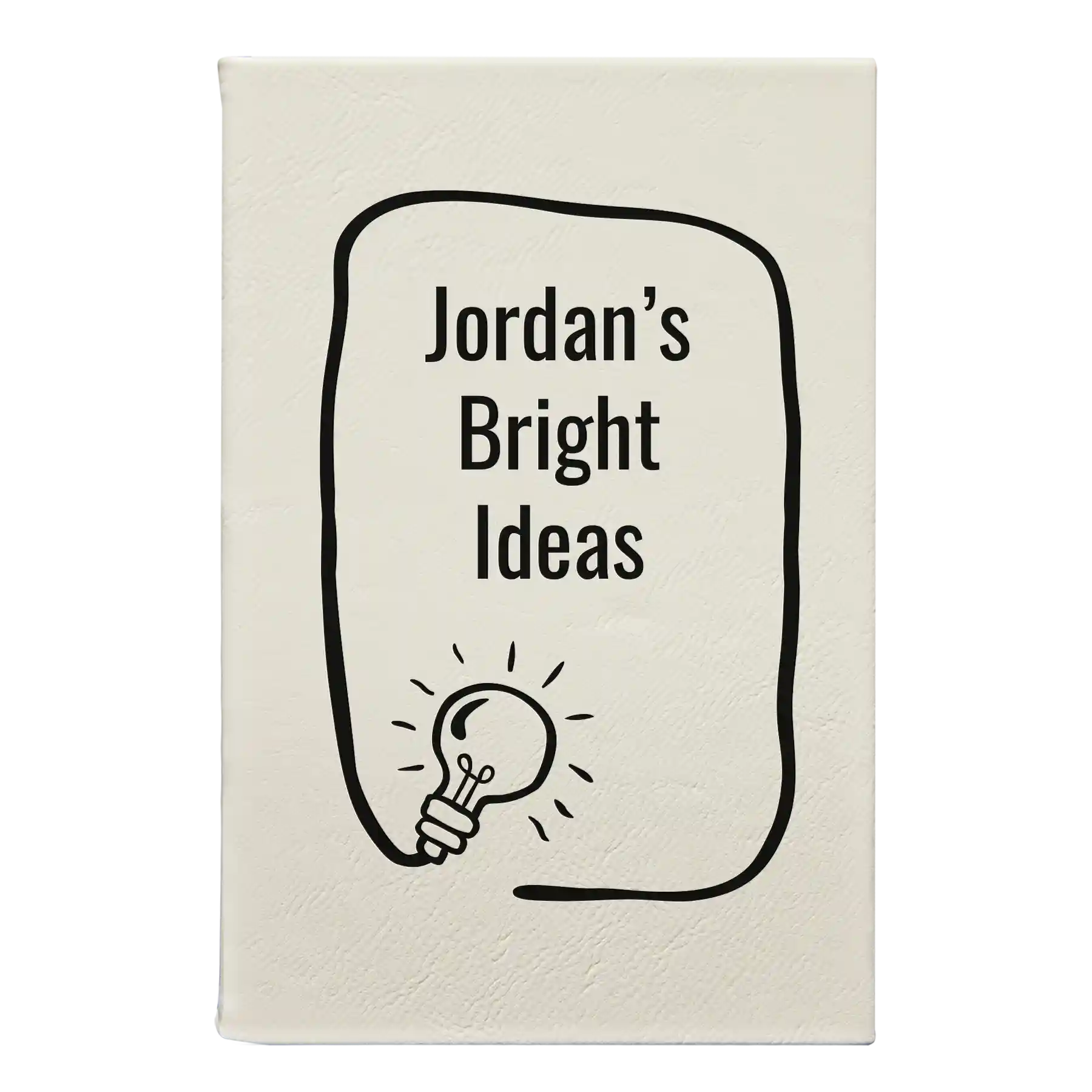 Small white leatherette journal laser etched with 'Bright Ideas Journal' design