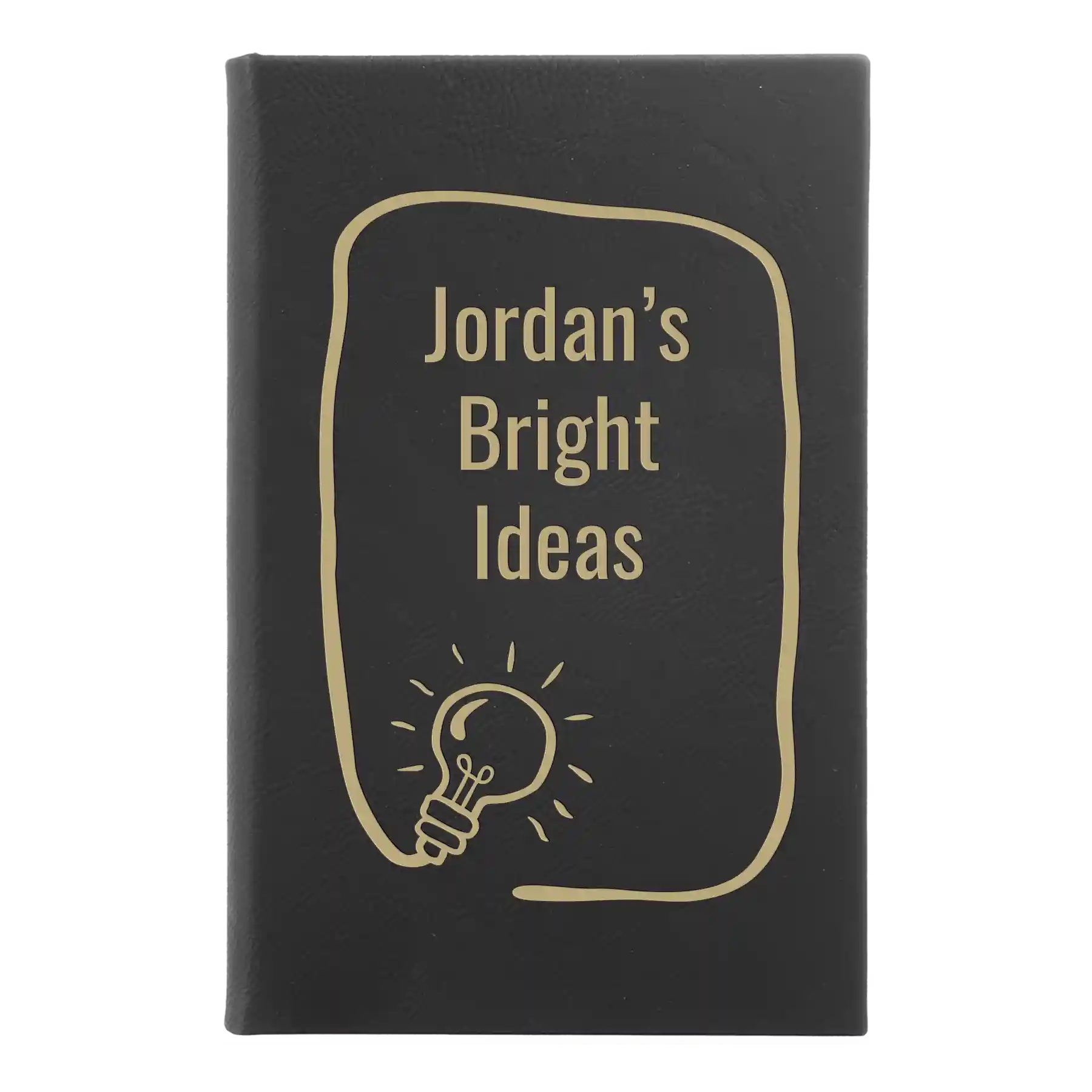 Small black/gold leatherette sketch book laser etched with 'Bright Ideas Journal' design