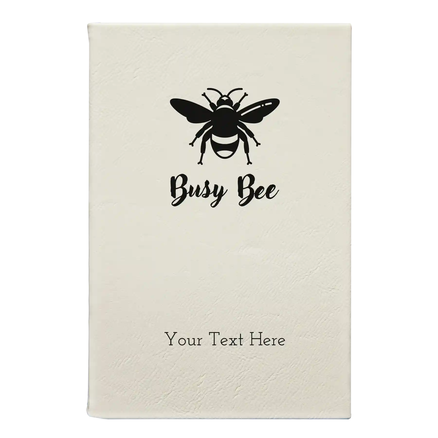 Small white leatherette sketch book laser etched with 'Busy Bee' design