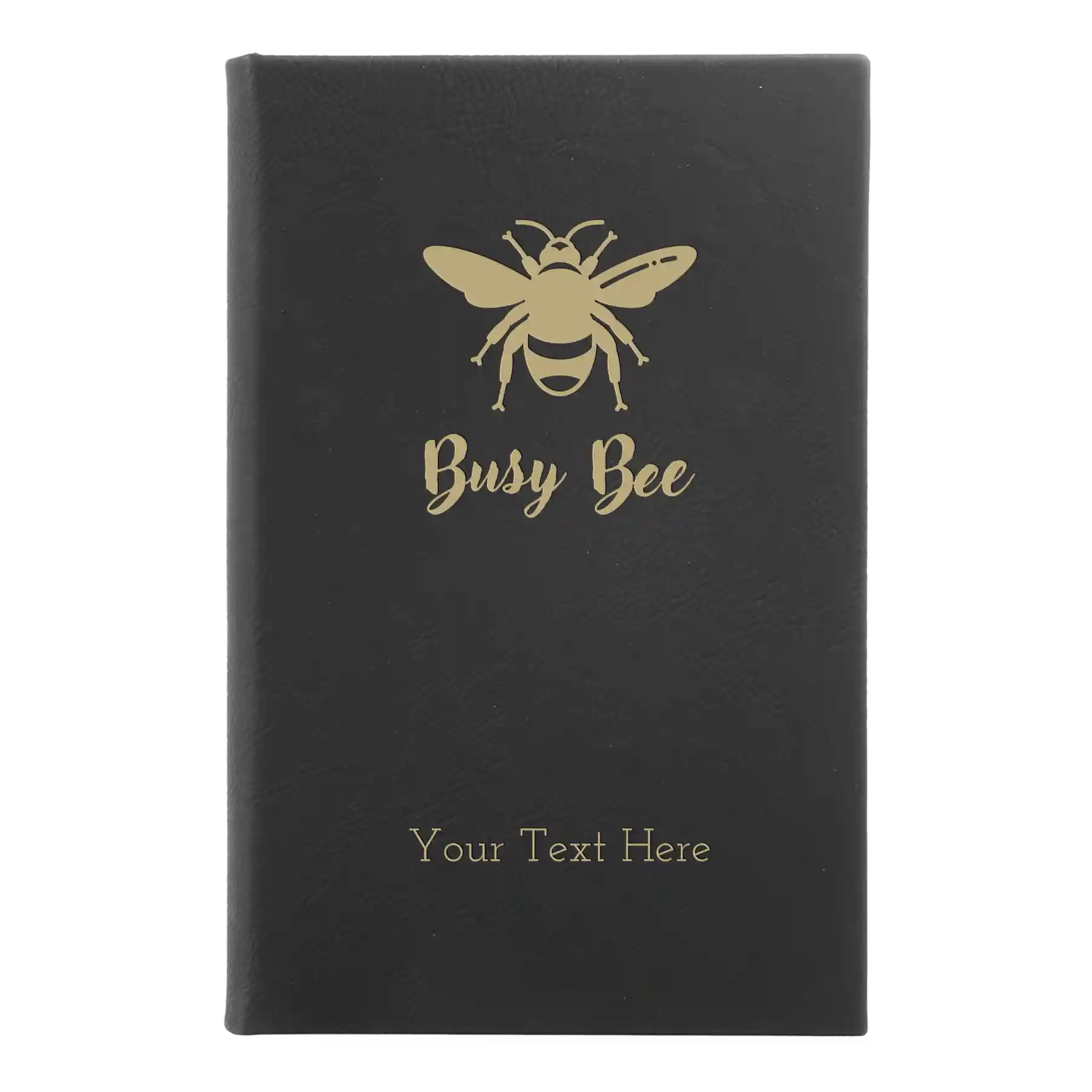 Small black/gold leatherette sketch book laser etched with 'Busy Bee' design