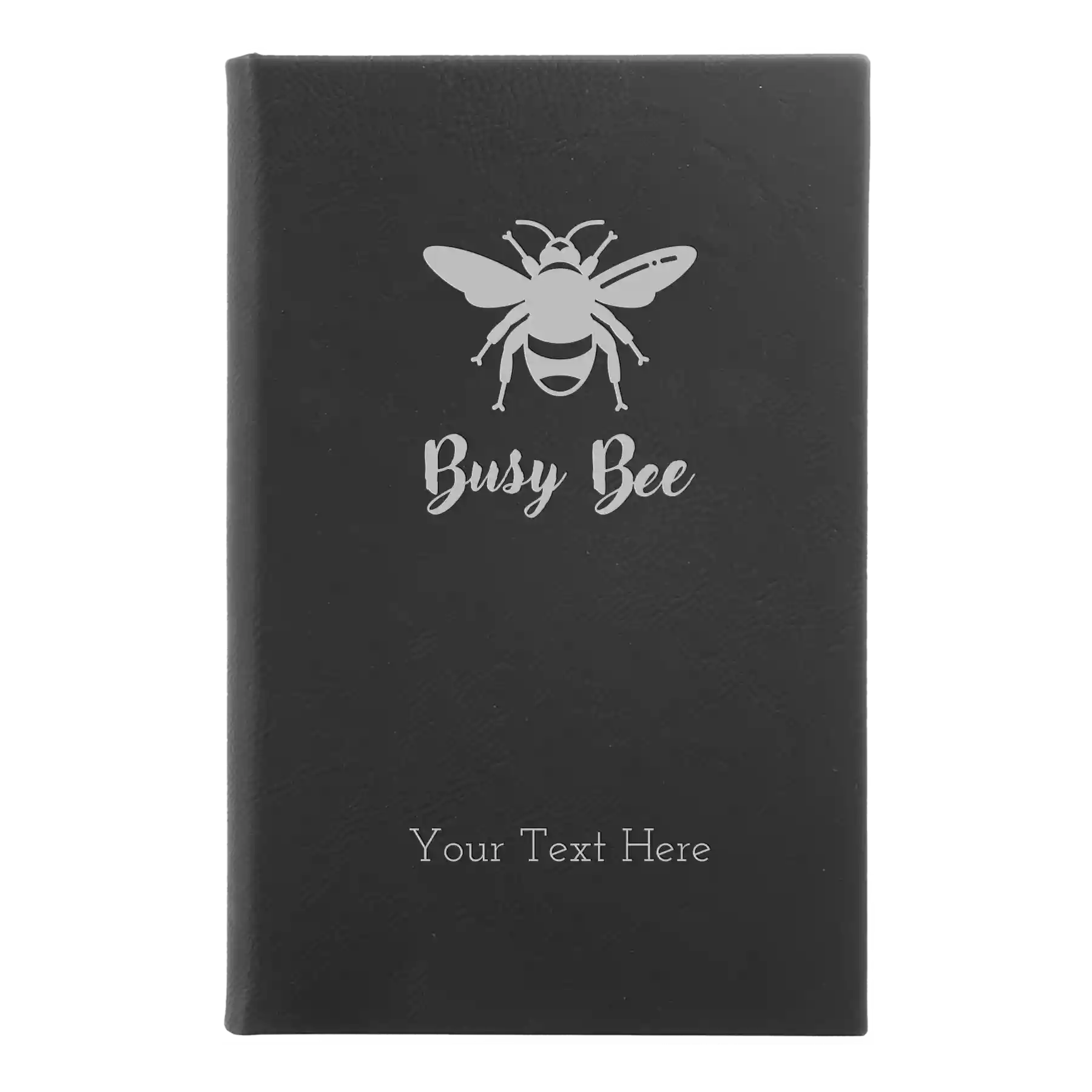 Small black/silver leatherette sketch book laser etched with 'Busy Bee' design