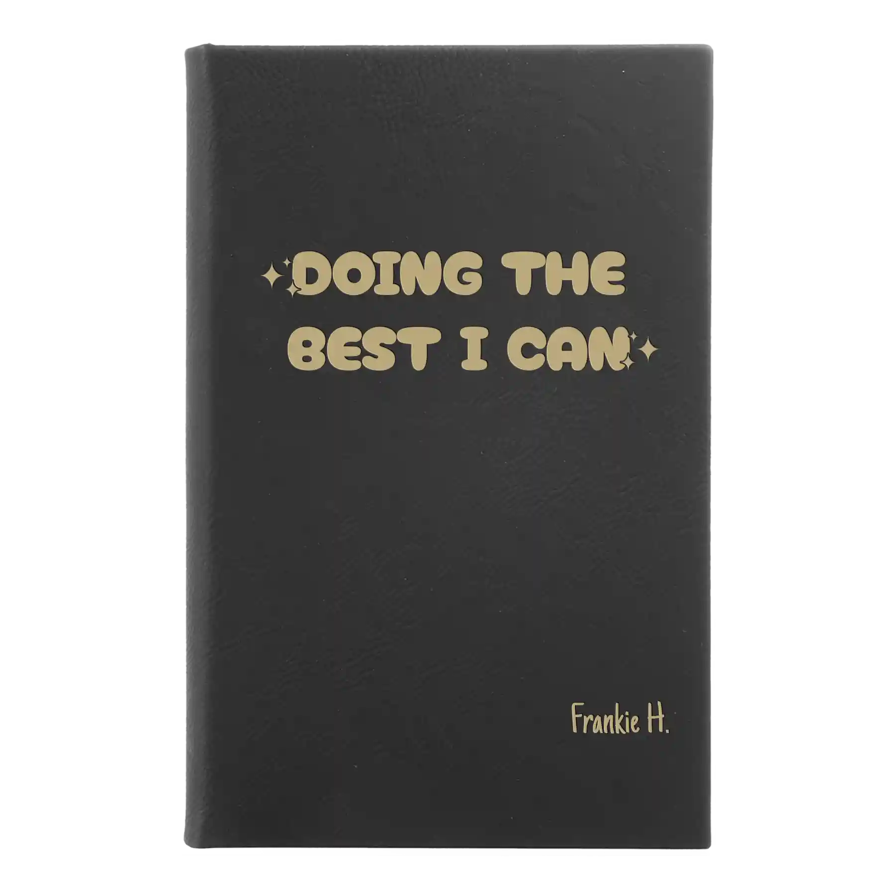 Small black/gold leatherette sketch book laser etched with 'Doing the Best' design
