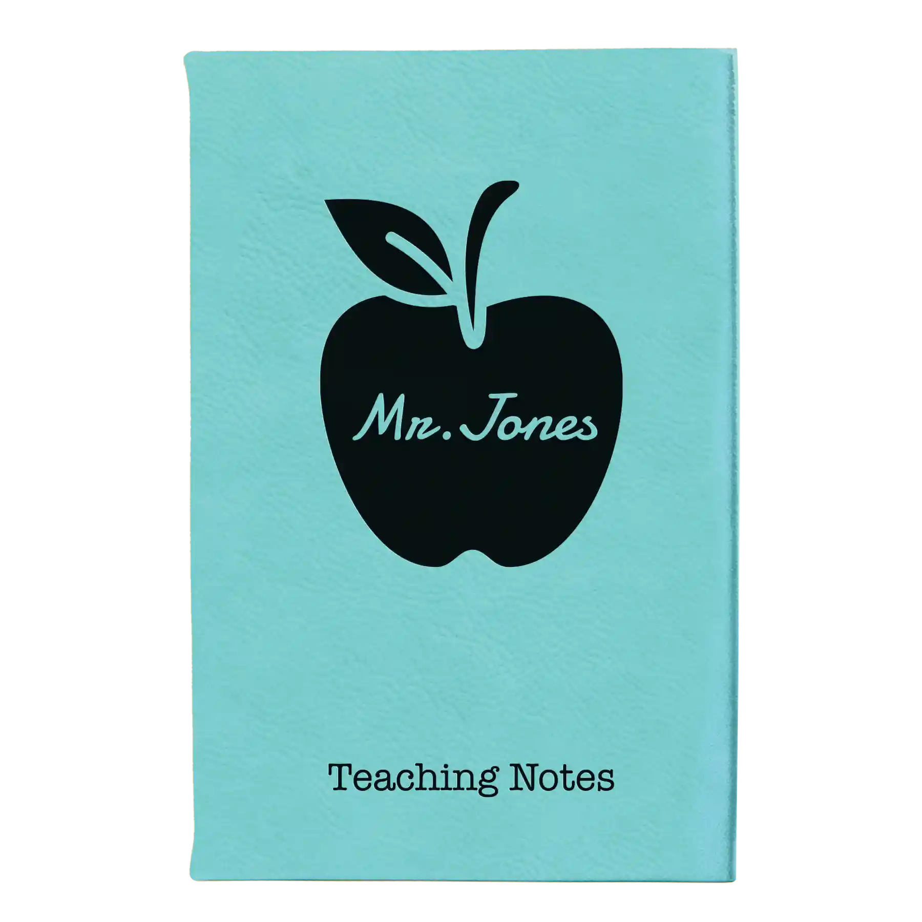 Small teal leatherette sketch book laser etched with 'Teacher Apple' design