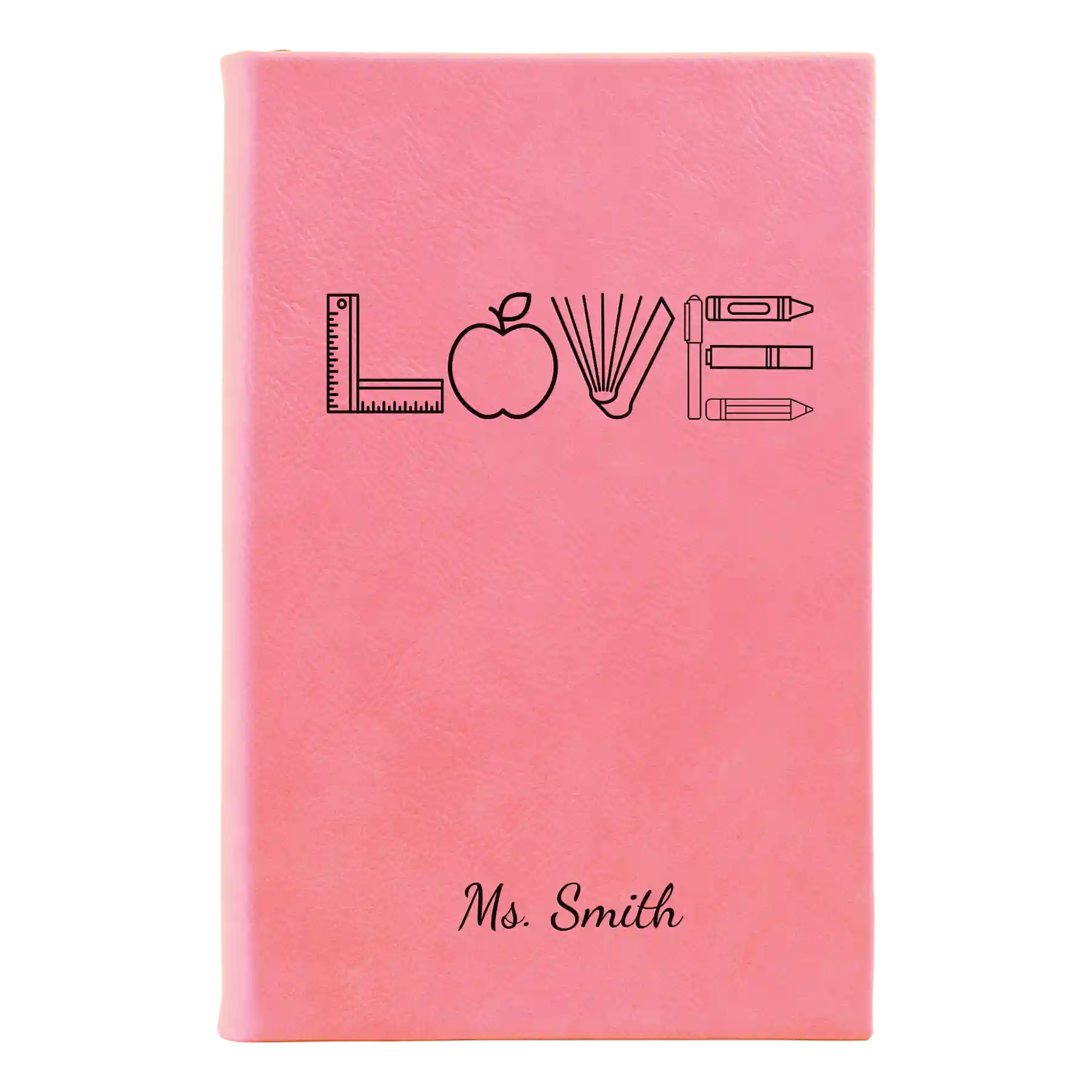 Small pink leatherette journal laser etched with 'Teacher Love' design