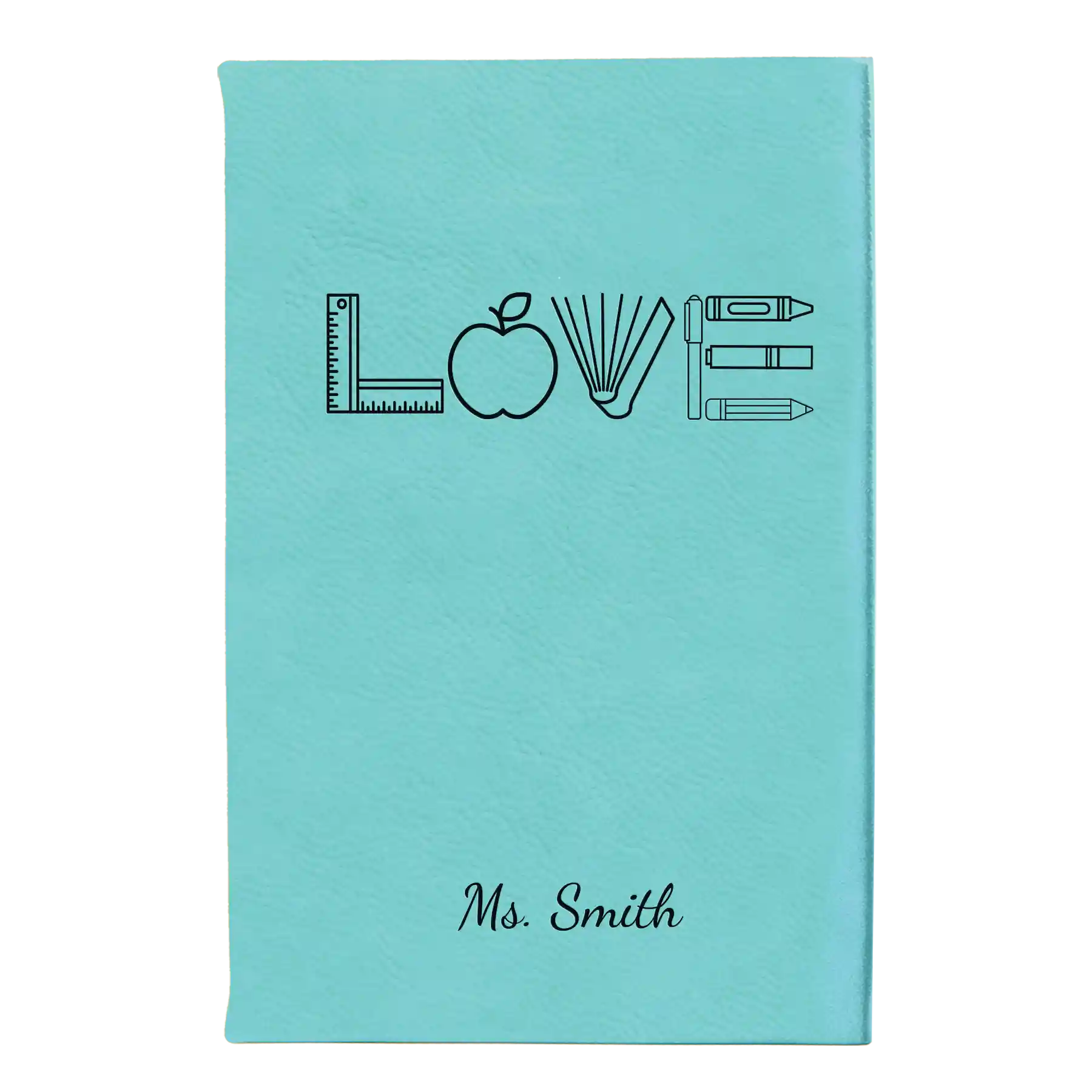 Small teal leatherette journal laser etched with 'Teacher Love' design