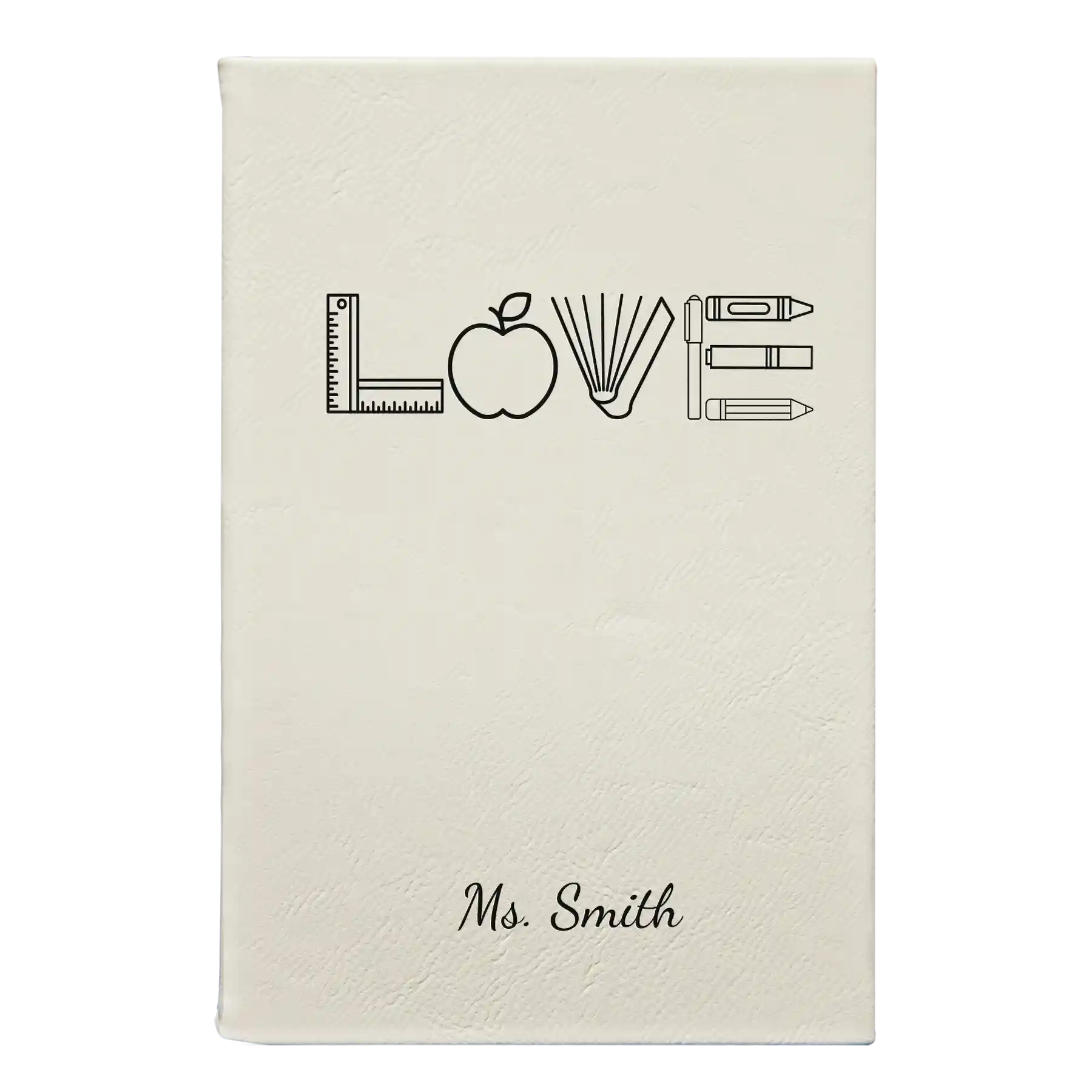 Small white leatherette journal laser etched with 'Teacher Love' design