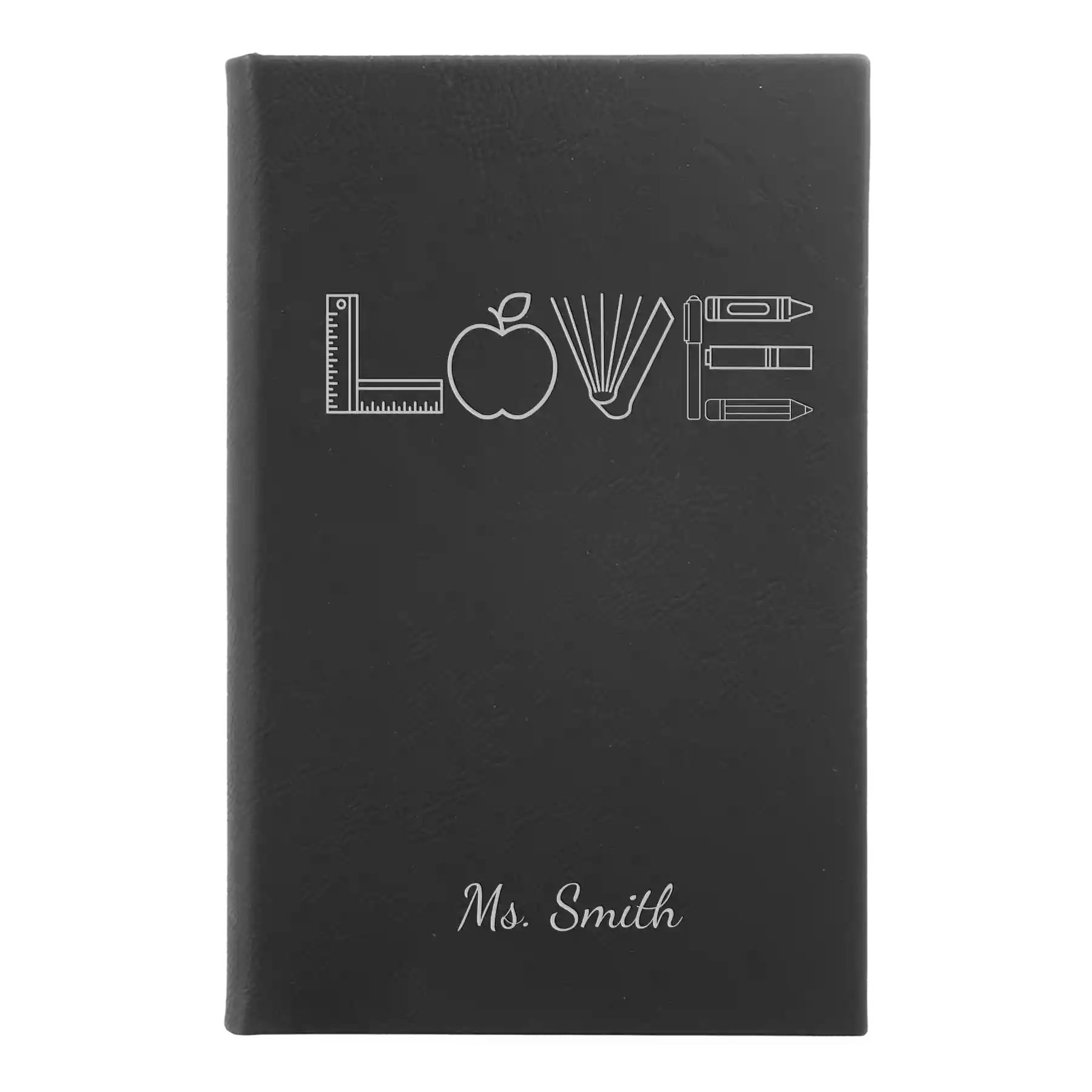 Small black/silver leatherette sketch book laser etched with 'Teacher Love' design