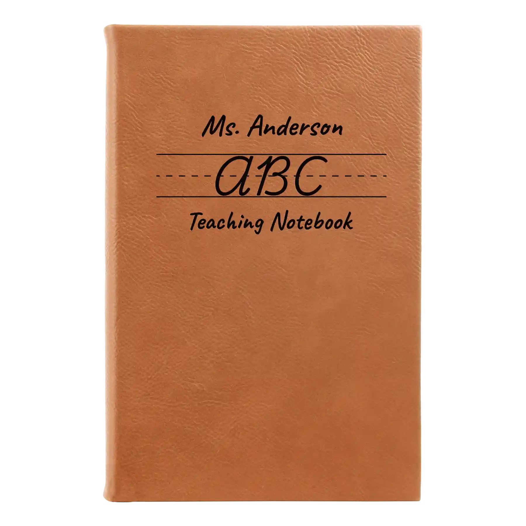 Small rawhide leatherette sketch book laser etched with 'Teaching Notebook' design
