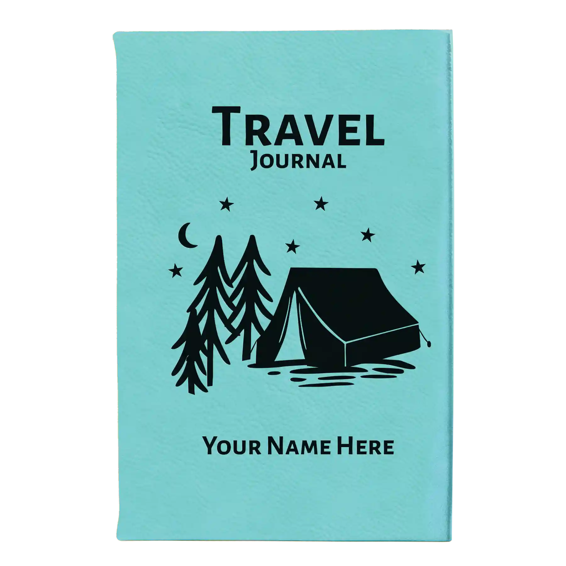 Small teal leatherette journal laser etched with 'Travel Journal' design